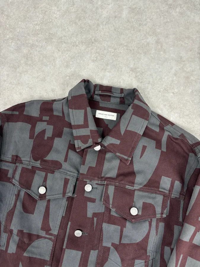 Dries Van Noten Dries Van Noten Burgundy & Grey Digital Print Denim Jacket Size US M / EU 48-50 / 2 - 4 Thumbnail