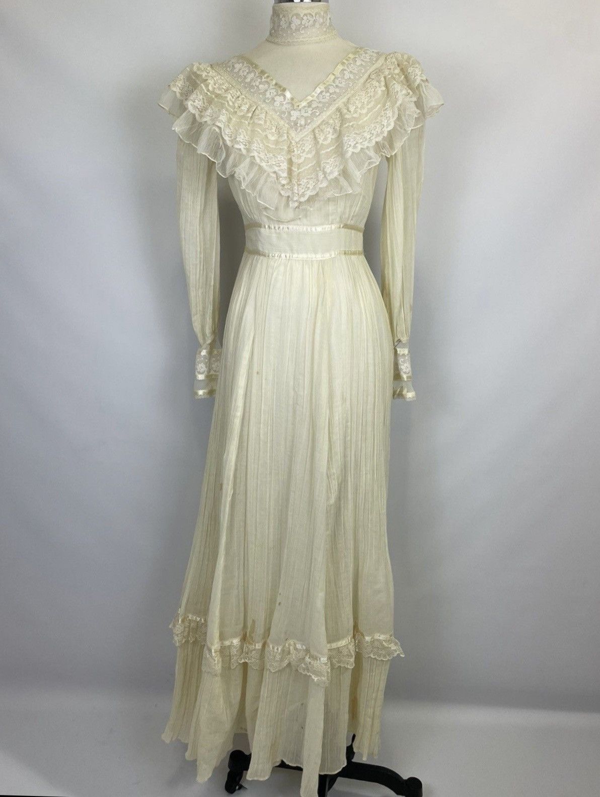 image of Vintage 70's Gunne Sax Ivory Lace Victorian Revival Gown in White, Women's (Size Small)