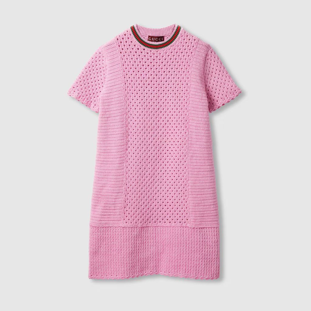 Gucci o1la5ras0526 Crochet-Effect Cotton Dress With Web in Pink Size S / US 4 / IT 40 - 1 Thumbnail