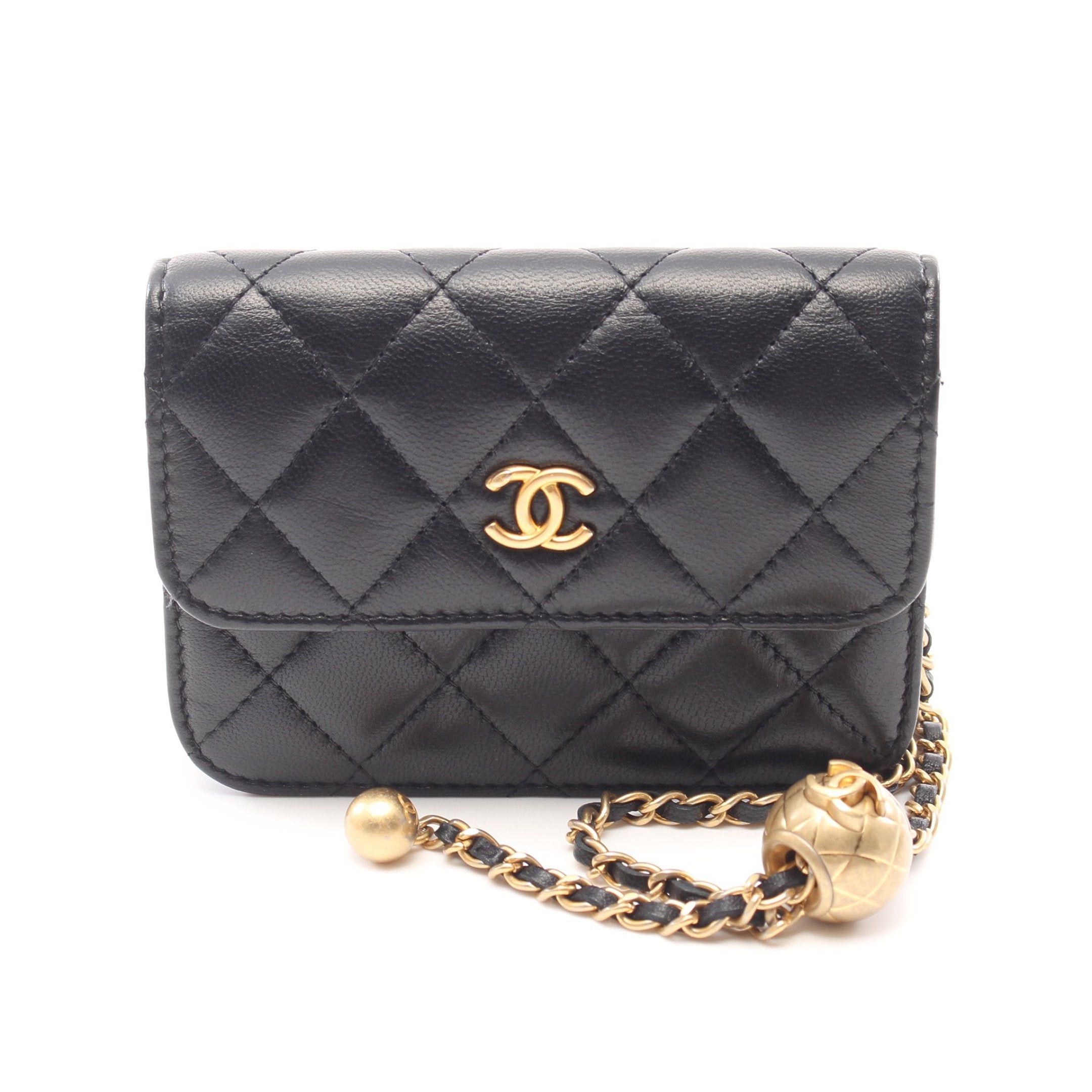 image of Chanel Matelasse Chain Clutch Coco Ball Chain Shoulder Bag Lambskin Black Gold Hardware, Women's