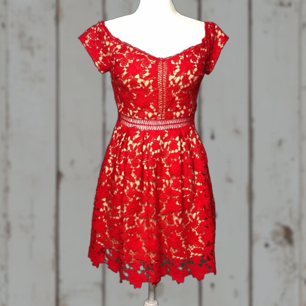 Vintage Francesca's Red Lace Beverly off Shoulder fit flare Cocktail Party Dress XS Womens Size XS / US 0-2 / IT 36-38 - 1 Thumbnail