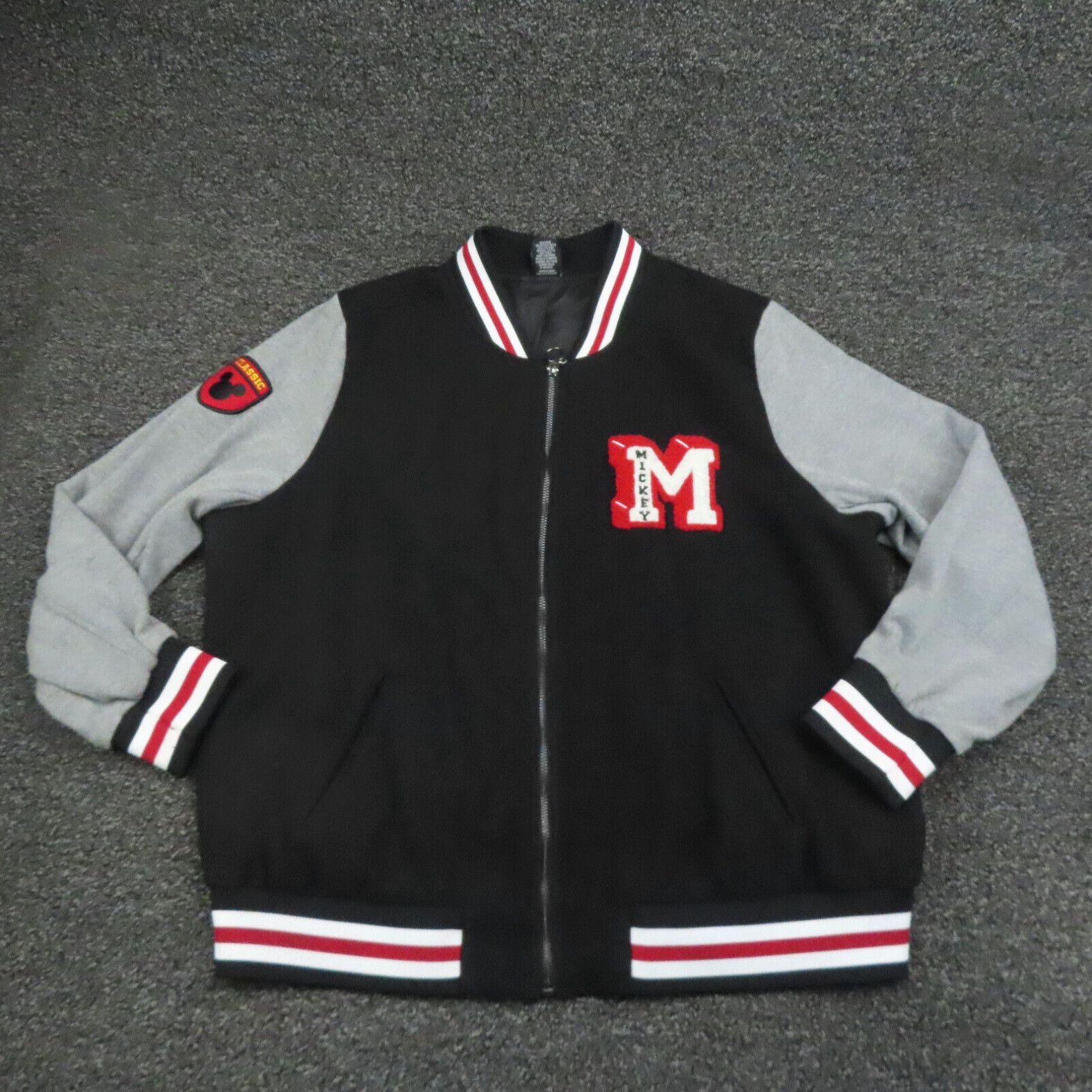 image of Disney Mickey Mouse Letterman Jacket Adult XL Extra Large Black & Red Embroidered Mens in White