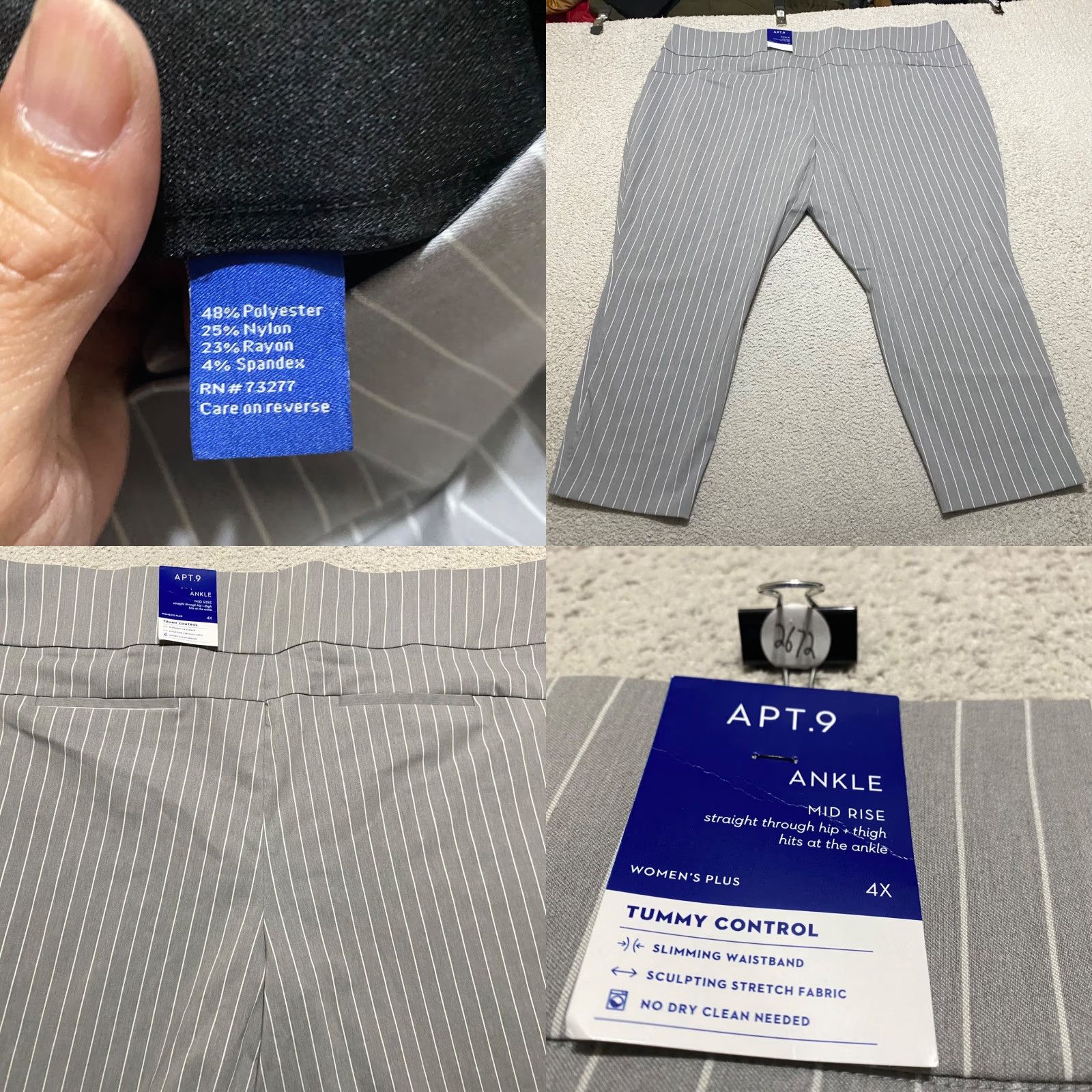 Apt. 9 Apt. 9 Womens 4X Plus Pants Gray Striped High Rise Ankle Pull On Elastic Waist 52 in Inseam 26.5 in NWT Size 38" / US 16 / IT 52 - 8 Thumbnail