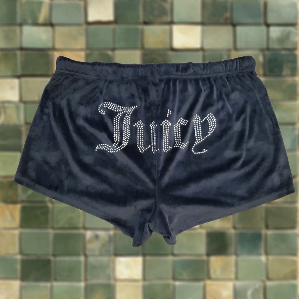 Juicy Couture Juicy Couture Black Velour Big Bling Rhinestone Track Shorts XL Lounge Sleep Womens Vintage 90s Designer Relaxed Elastic Waist Rhinestone Accents Size 40" / US 18 - 1 Thumbnail