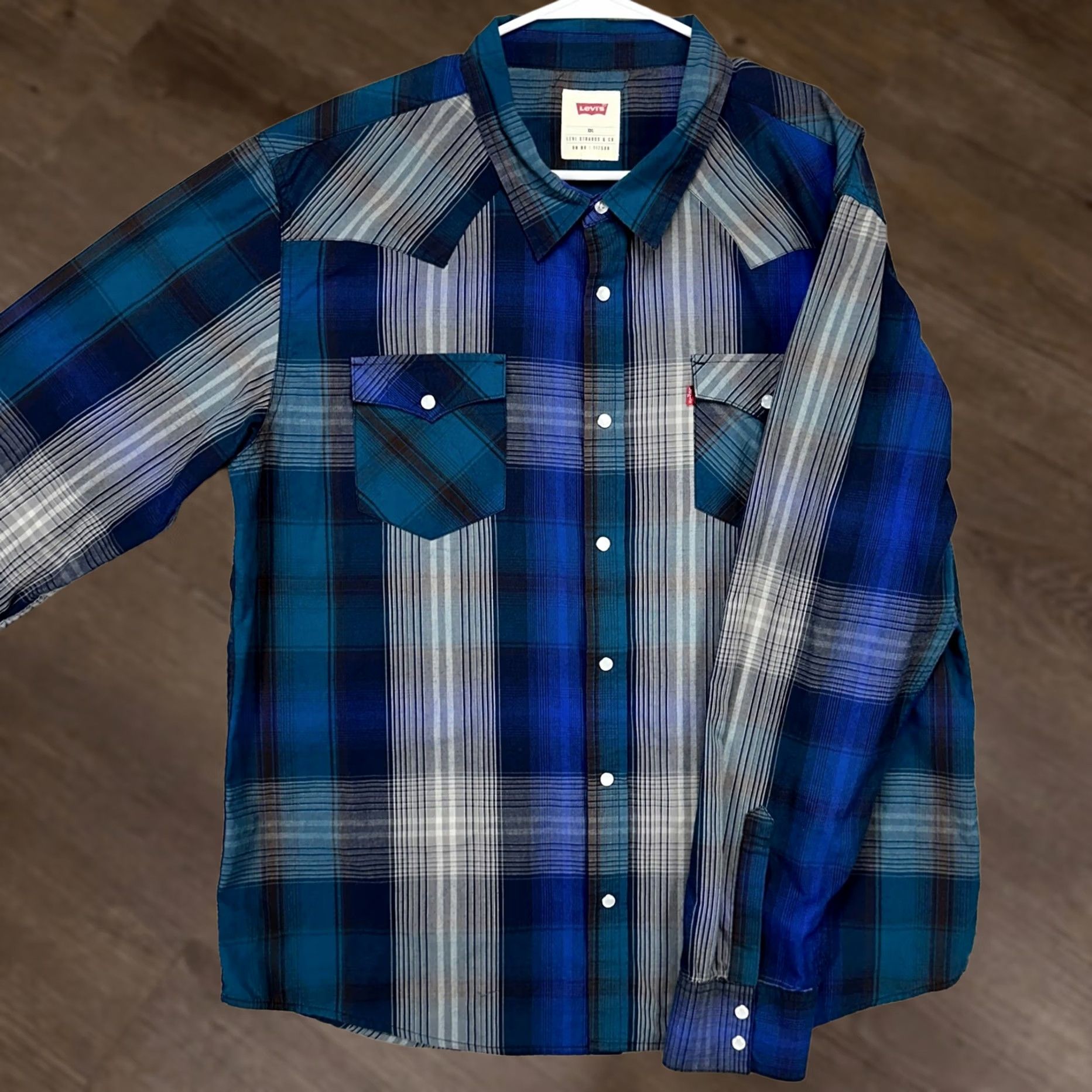Levi's Levi's Mens 2XL Blue Gray Plaid Button Up Shirt Western Pearl Snap Flap Pocket Size US XXL / EU 58 / 5 - 1 Thumbnail