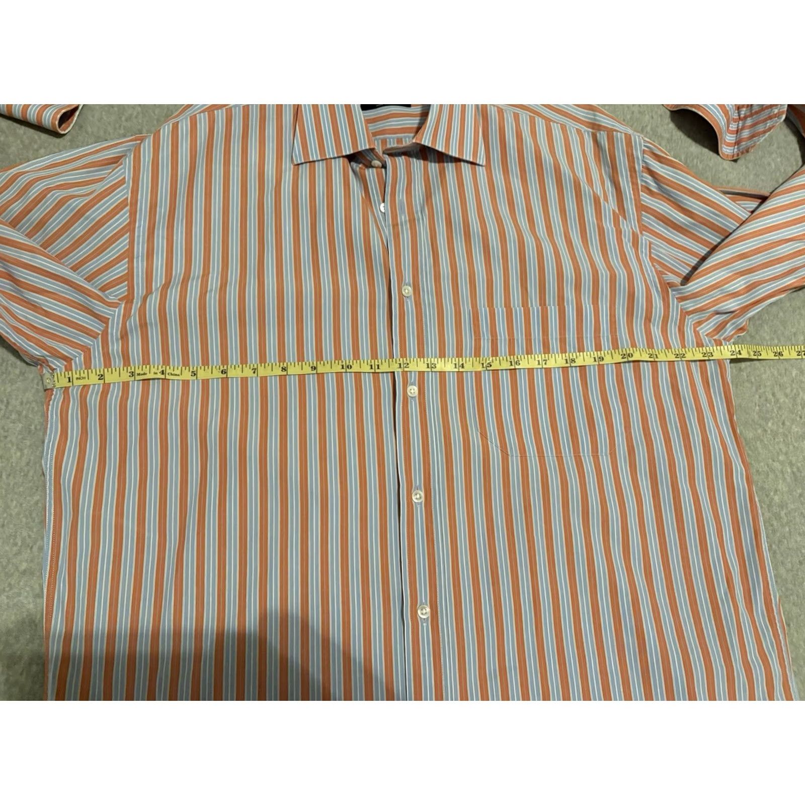Canali Canali Long Sleeve Dress Shirt Orange Blue Mens 42 16.5 Striped Cotton Button Collar Italy Regular Men Size 42R - 4 Thumbnail