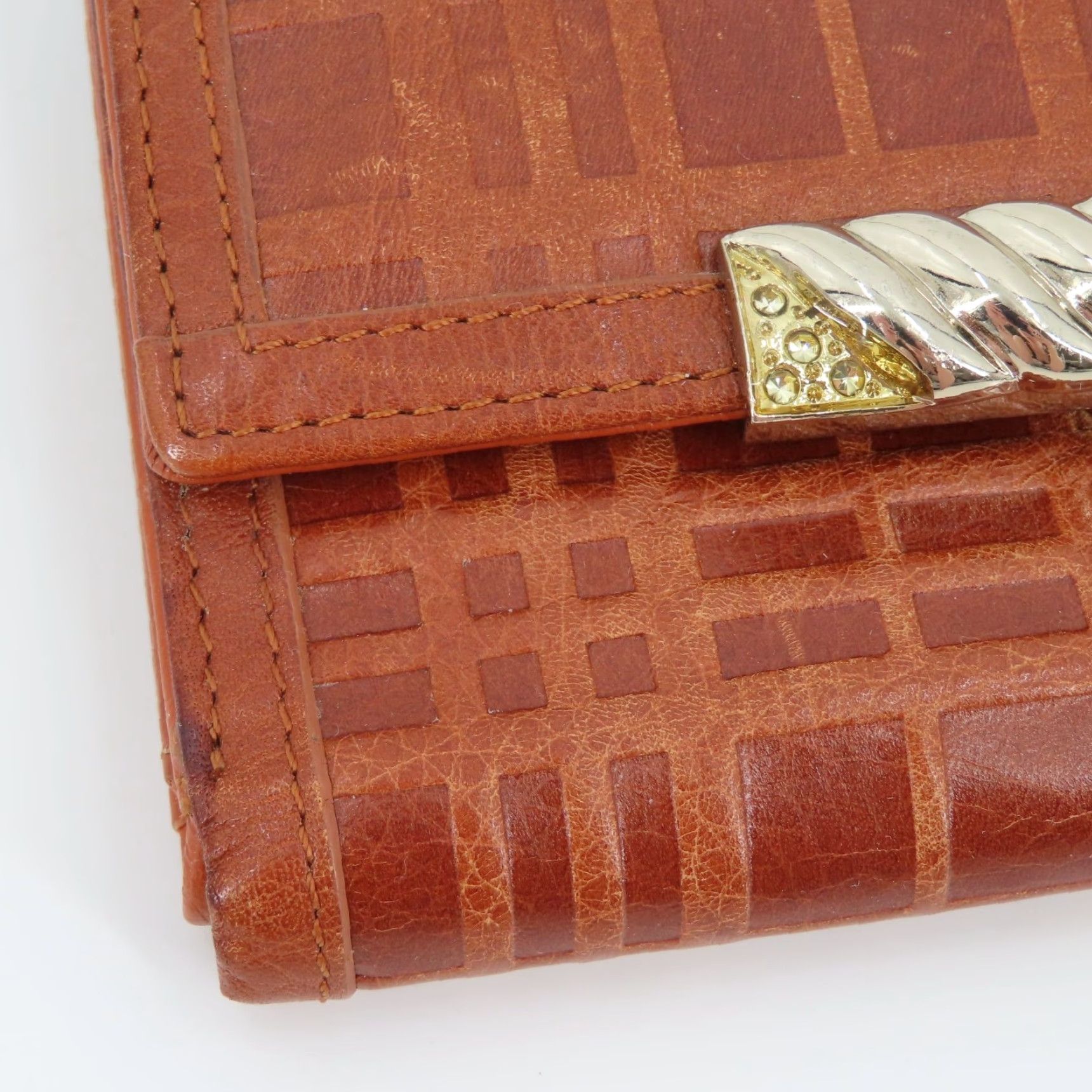 Vintage VINTAGE Tucano Wallet Brown Plaid Check Embossed Leather Folding Gold Silver Tone Metal Women Size ONE SIZE - 2 Thumbnail