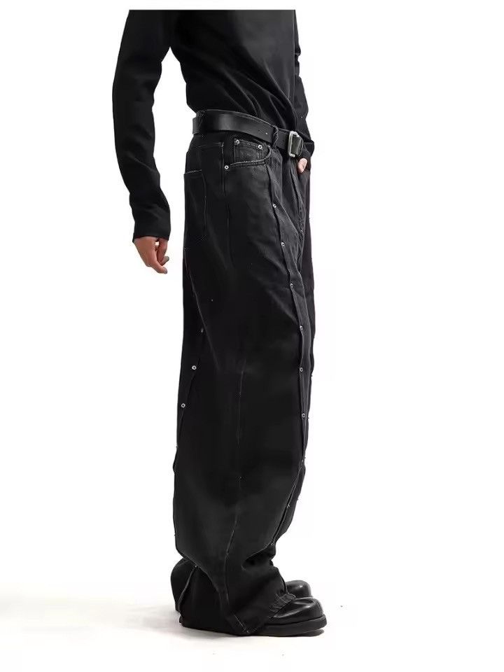 Japanese Brand Y2K Style Rivet Design Pleated Black Baggy Jean Size US 27 - 4 Thumbnail