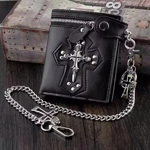 VIBE Cross Clasp Leather Wallet with Antique Biker Chain Size ONE SIZE - 1 Thumbnail