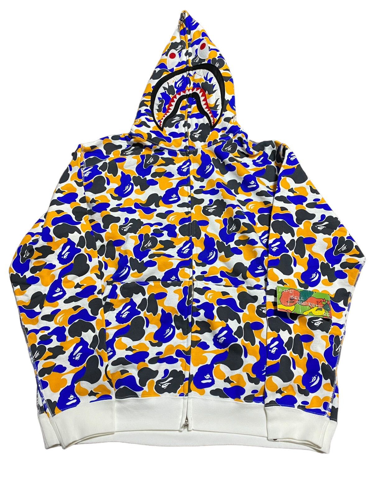 image of Bape Maebashi City Camo Shark Full Zip Hoodie in White Yellow Blue, Men's (Size Large)