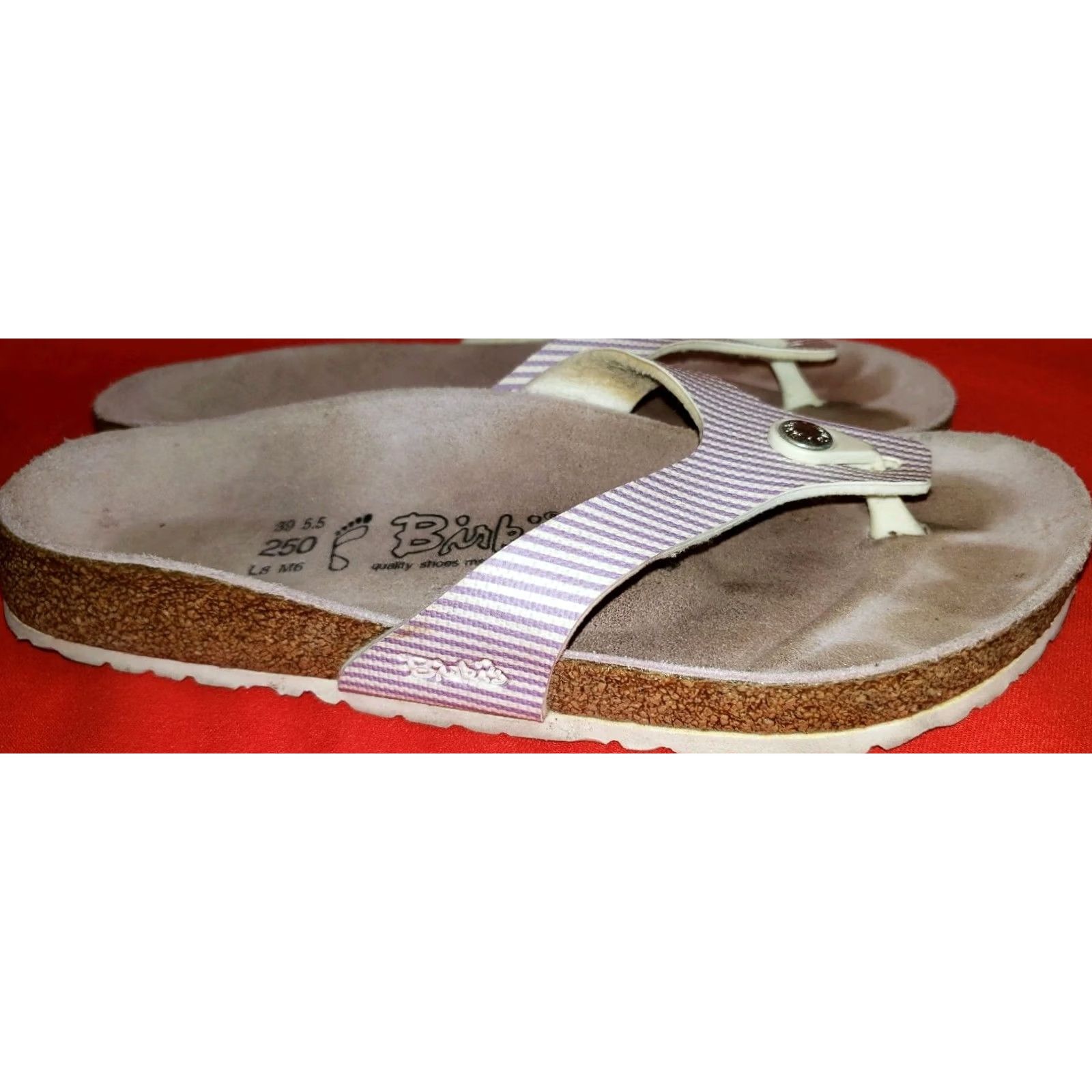 Birkenstock Birkenstock Birki's Women's Toe Post Slide Sandals 8M White Lavender Striped Slip On Casual Size US 6 / IT 36 - 6 Thumbnail