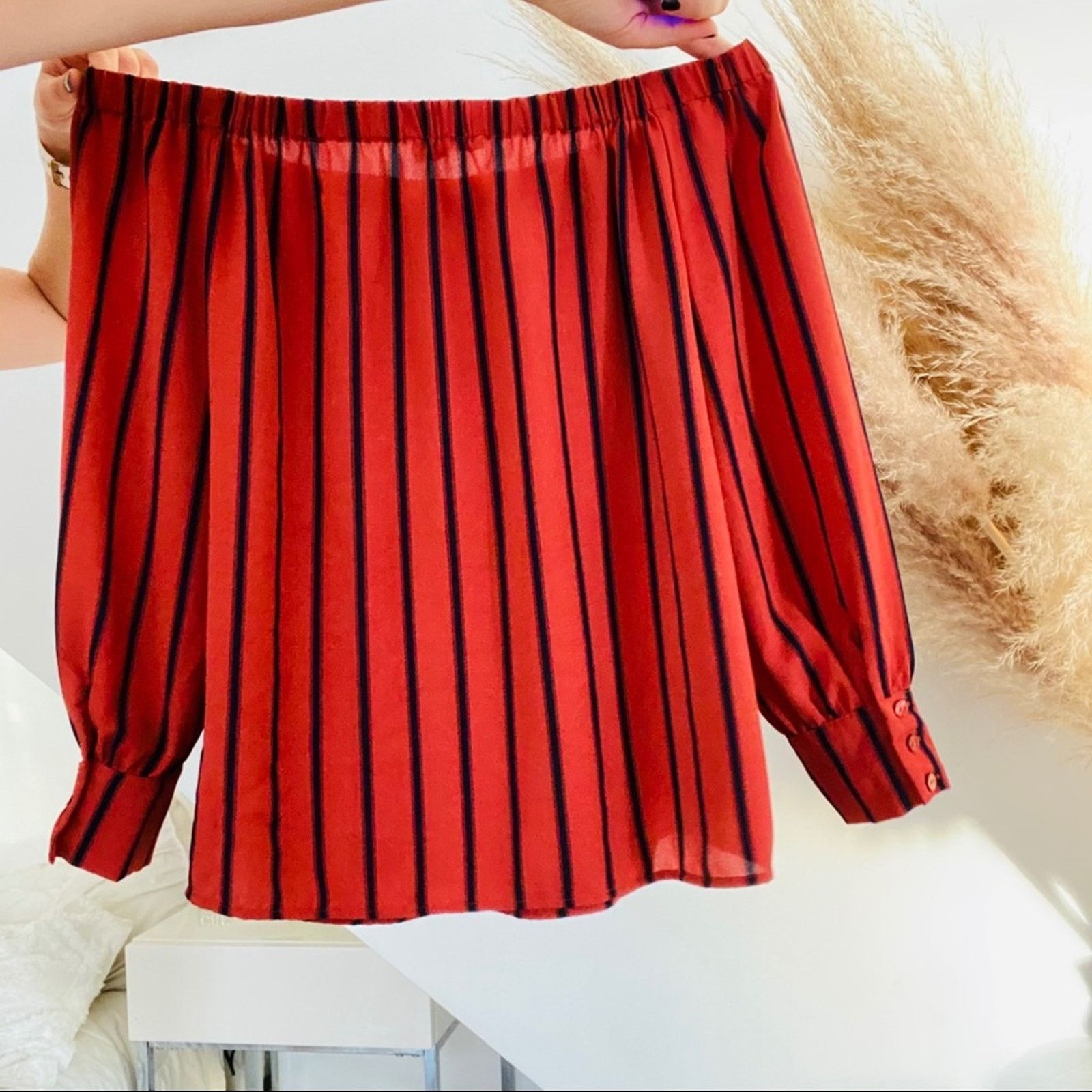 Urban Outfitters UO Off Shoulder Striped Red Long Sleeve Blouse Top Shirt Size M / US 6-8 / IT 42-44 - 6 Thumbnail