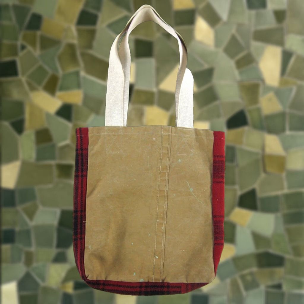 Vintage Handmade Brown Cotton Canvas Wool Red Black Plaid Large Shopping Tote Purse Size ONE SIZE - 1 Thumbnail