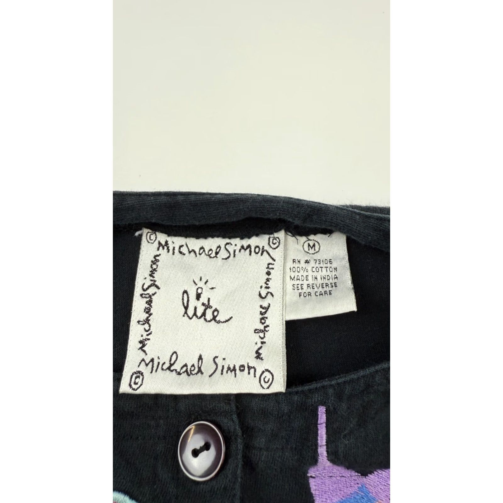 Simons Michael Simon Lite Sweater Womens M Black Crew Neck Button Front Beach Geometric Embroidered 100% Cotton Cardigan Casual Fall Winter Size M / US 6-8 / IT 42-44 - 2 Thumbnail