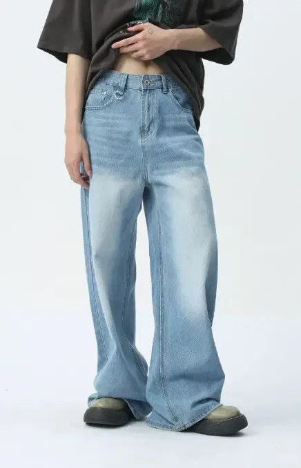 Japanese Brand Simple light blue washed floor-length wide-leg jeans Size US 34 / EU 50 - 4 Thumbnail