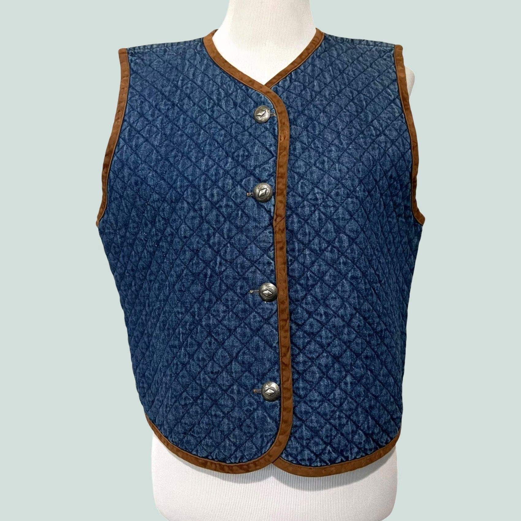 Denime Signature by Jerell Vintage Womens Denim Diamond Quilted Vest Blue Brown Trim Cotton Made USA Sz L Size L / US 10 / IT 46 - 1 Thumbnail