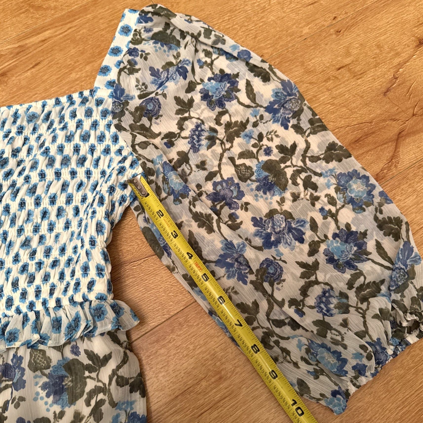 Vintage Taylor Maxi Dress Women Smith Taylor Sz 10 Chiffon blue floral Smocked Ruffle Sheer Tie Back Long Size L / US 10 / IT 46 - 4 Thumbnail