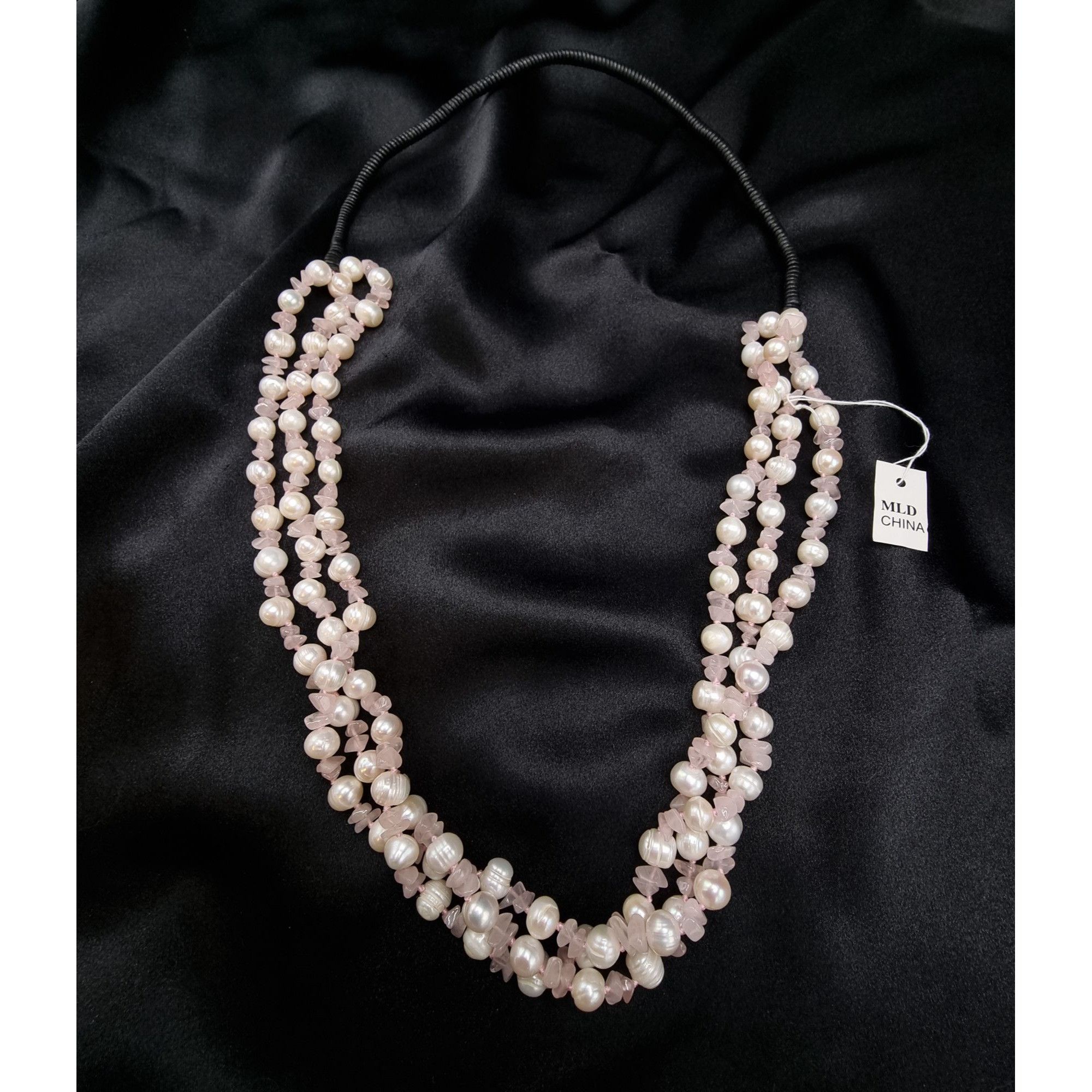 Vintage MLD Signed Freshwater Pearl & Rose Quartz Triple Strand Neck Size ONE SIZE - 4 Thumbnail