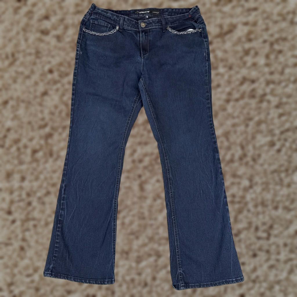 Jordache Jordache Jeans Bootcut Womens 16 Dark Blue Denim Mid Rise Stretch 5-Pocket Embroidered Rhinestone Jeans Womens 16 Vintage No Size 38" / US 16 / IT 52 - 1 Thumbnail