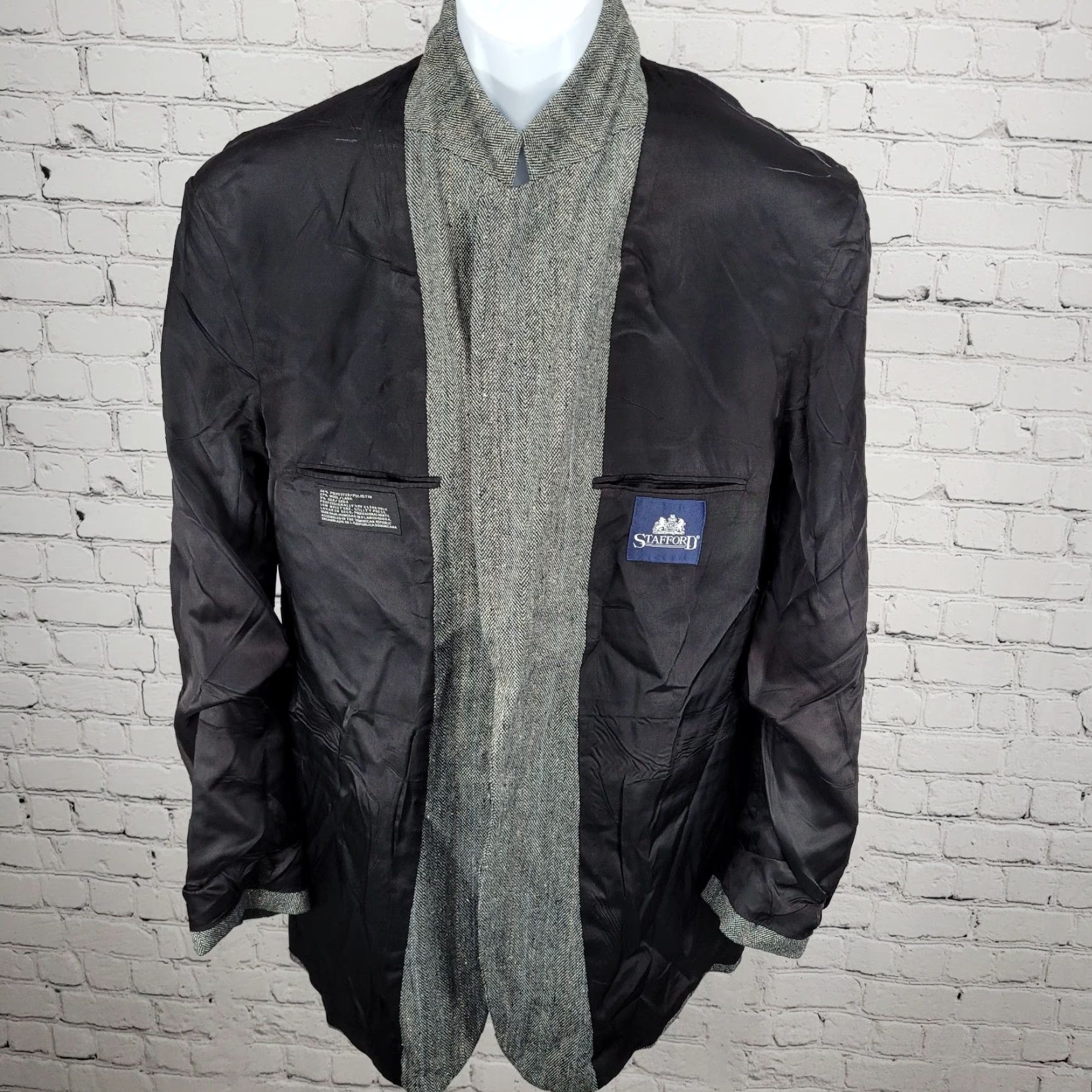 Stafford Stafford Black White Silk Wool Blend 2 Button Notch Blazer Sport Coat 44L Men Size 44R - 6 Thumbnail