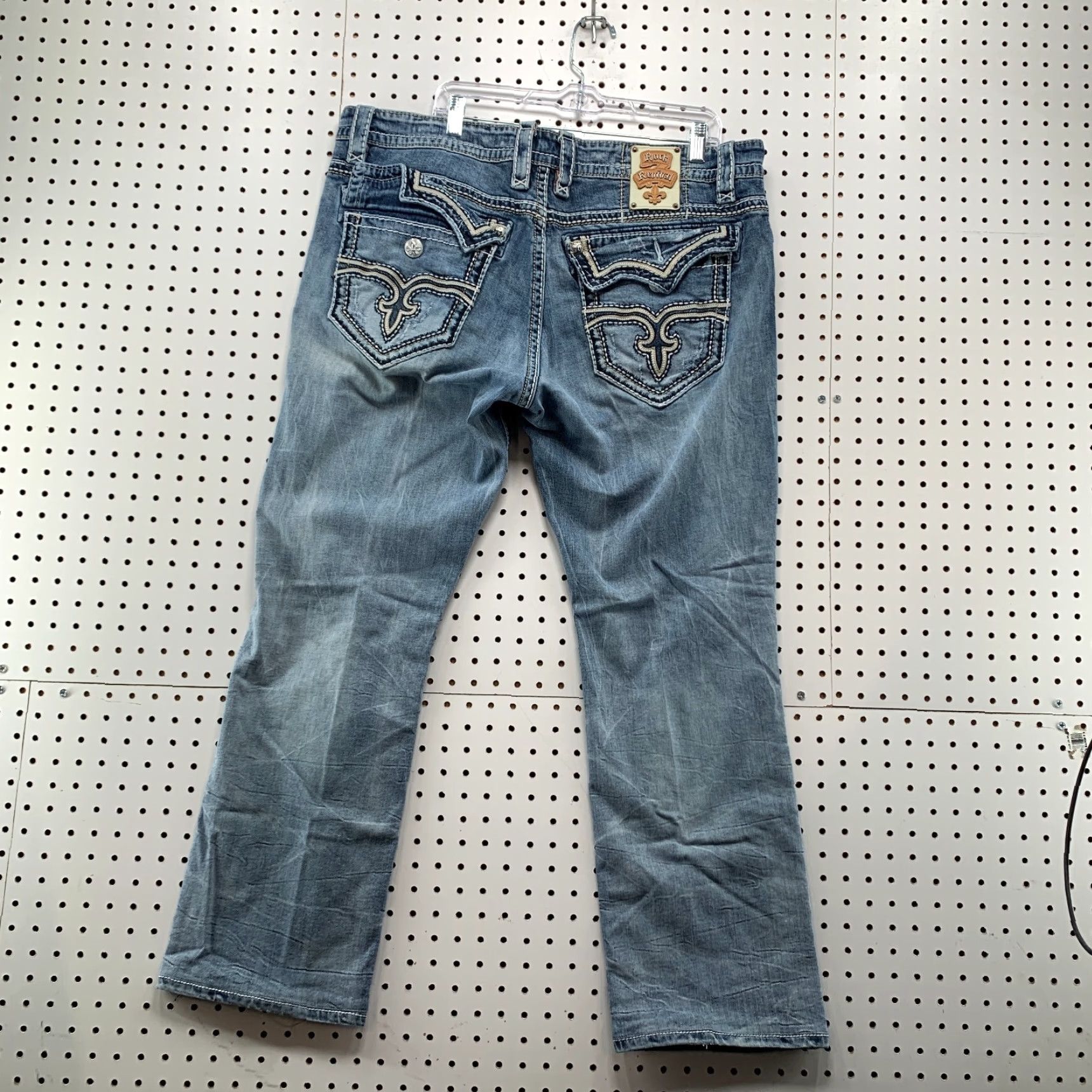 VINTAGE Rock Revival Denim Jeans Mens 42x31 Blue Distressed Straight Y2K Embroidered