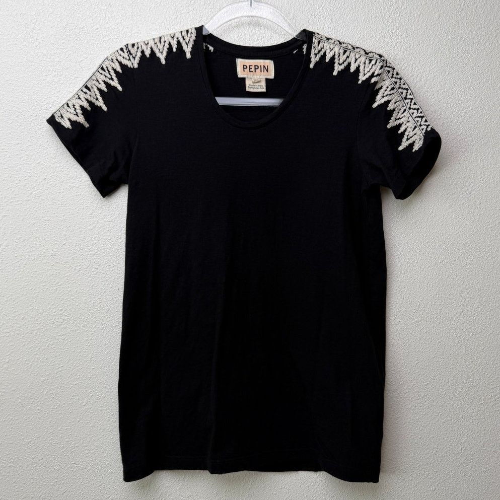Other Pepin Black Short Sleeve Shirt with Embroidered Shoulders Size XS / US 0-2 / IT 36-38 - 2 Thumbnail