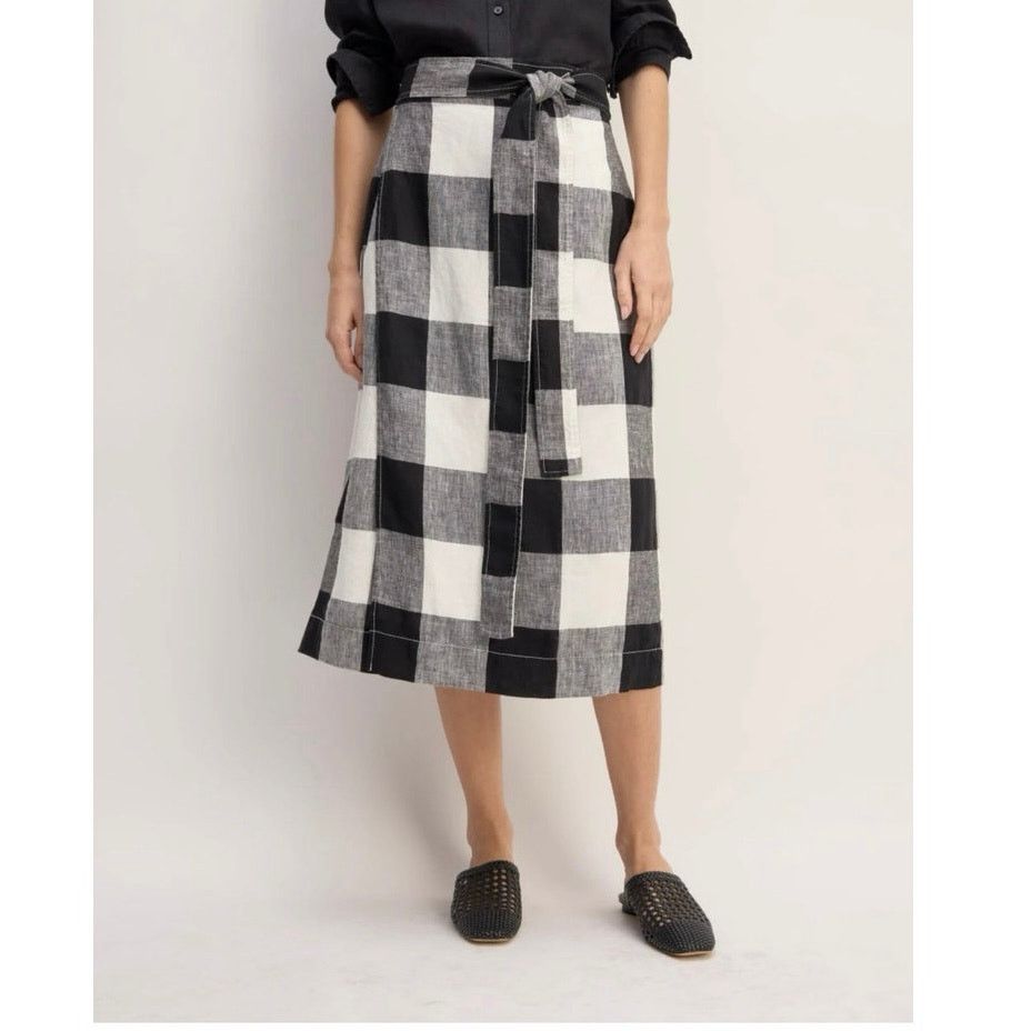 EVERLANE THE LINEN WRAP SKIRT Black White Plaid 100% Linen