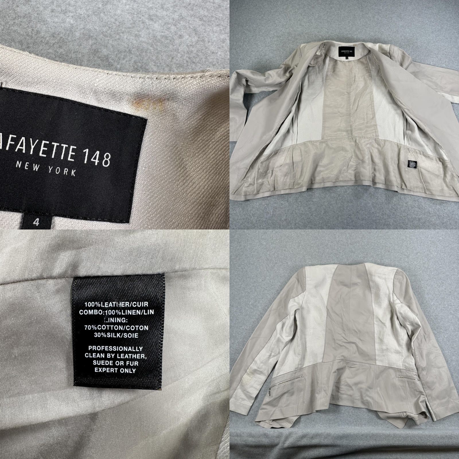 Vintage Lafayette 148 New York Leather Jacket Womens 4 Beige Collarless Zip Linen Shirt Size S / US 4 / IT 40 - 8 Thumbnail