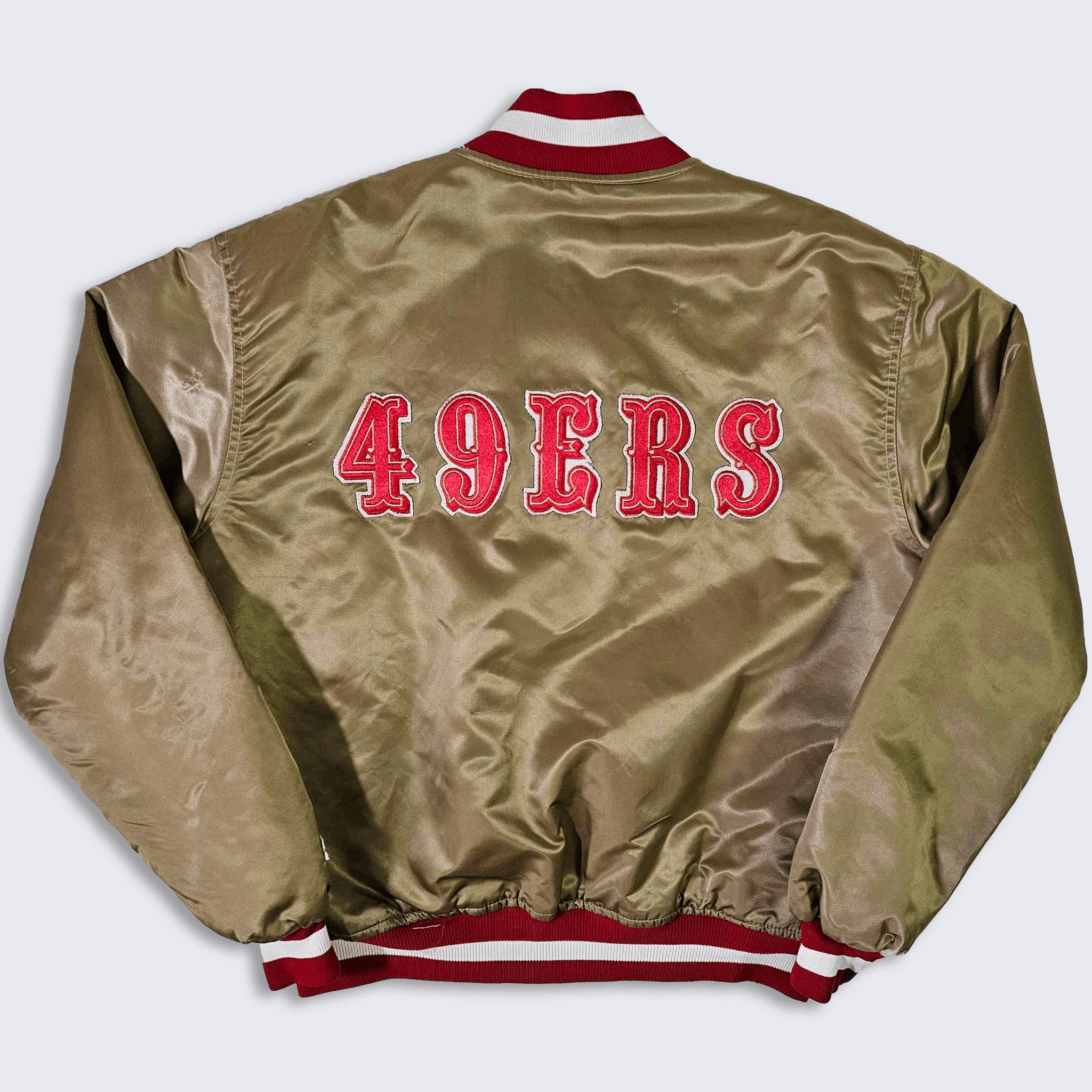 image of San Francisco 49Ers Vintage 80's Starter Satin Bomber Jacket in Gold Red, Men's (Size XL)