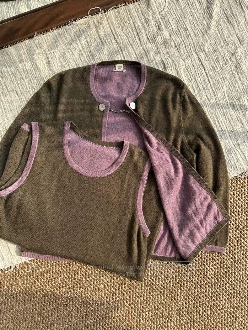 Hermes Hermes Bicolor Cashmere Knit Sweater Long Sleeve Vest Set, Size M / US 6-8 / IT 42-44 - 3 Thumbnail