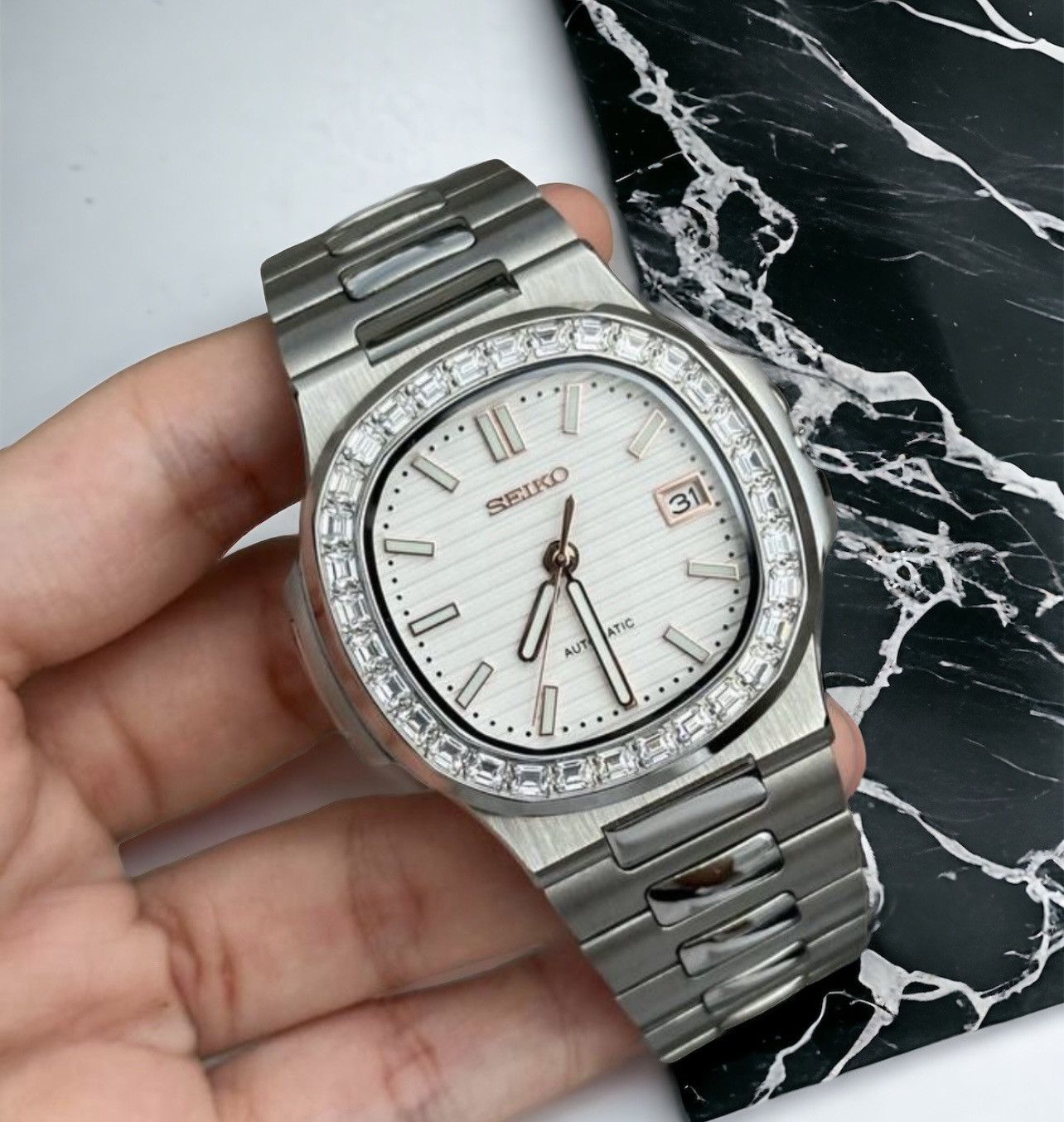 Japanese Brand × Seiko Seiko Mod AP White Dial Diamond Steel Case Watch ...