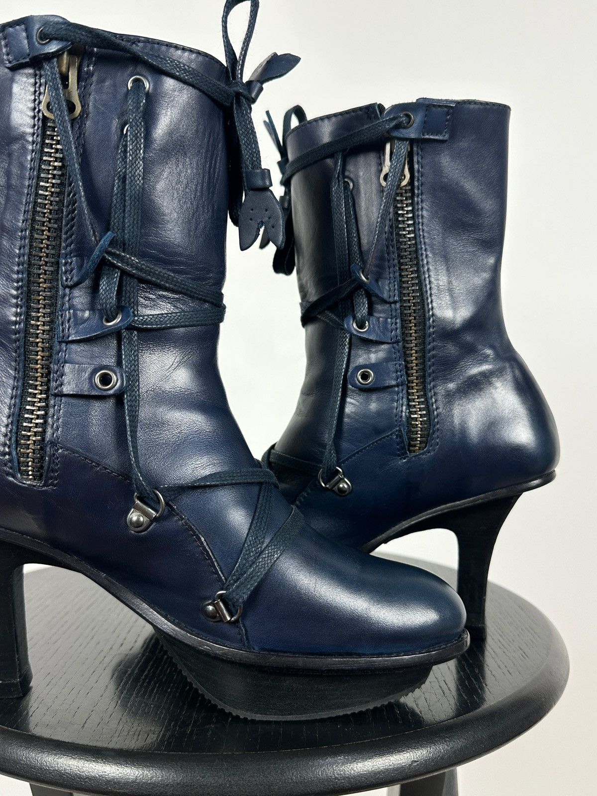 Marithe + Francois Girbaud Marithé + François Girbaud Navy Blue Leather Heeled Boots Size US 6 / IT 36 - 18 Thumbnail