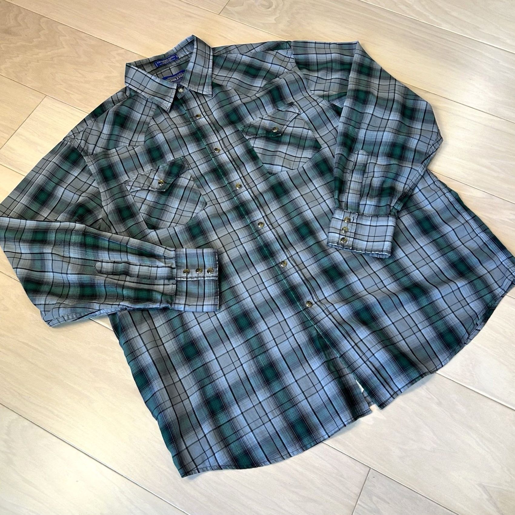 Pendleton Pendleton Frontier Shirt Western Pearl Snap Plaid Men’s XL Shirt XL Men’s Blue Green Cotton Blend Plaid Western Cowboy Outdoors Button-Up Pearl Snap Size US XL / EU 56 / 4 - 2 Thumbnail