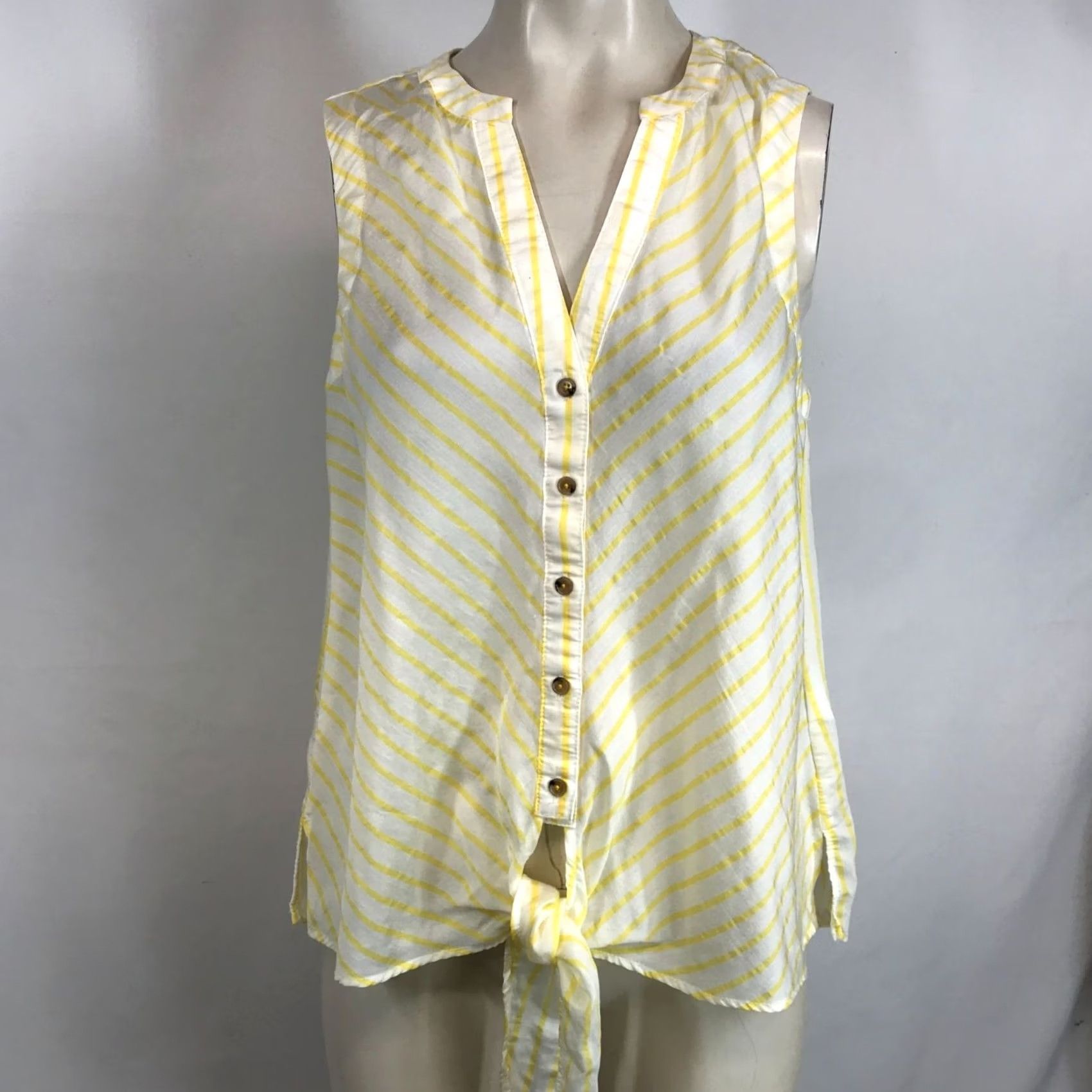 Vintage Maeve Womens 6 Yellow & White Stripe Sleeveless V Neck Button Tie Waist Top Size M / US 6-8 / IT 42-44 - 2 Thumbnail