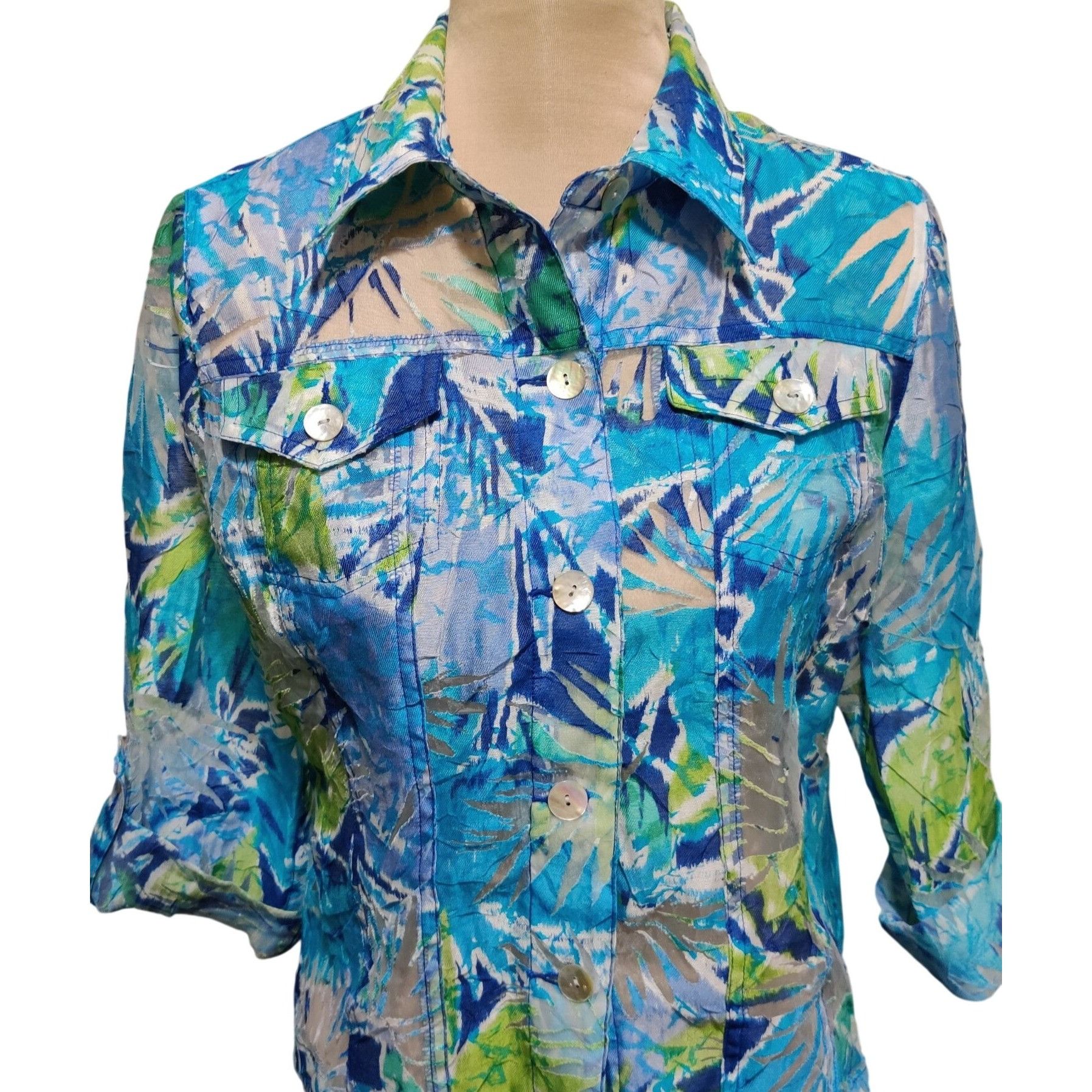 Other Ruby Rd 10 Womens Blue Green Blouse Tropical Button Front Se Size L / US 10 / IT 46 - 10 Thumbnail