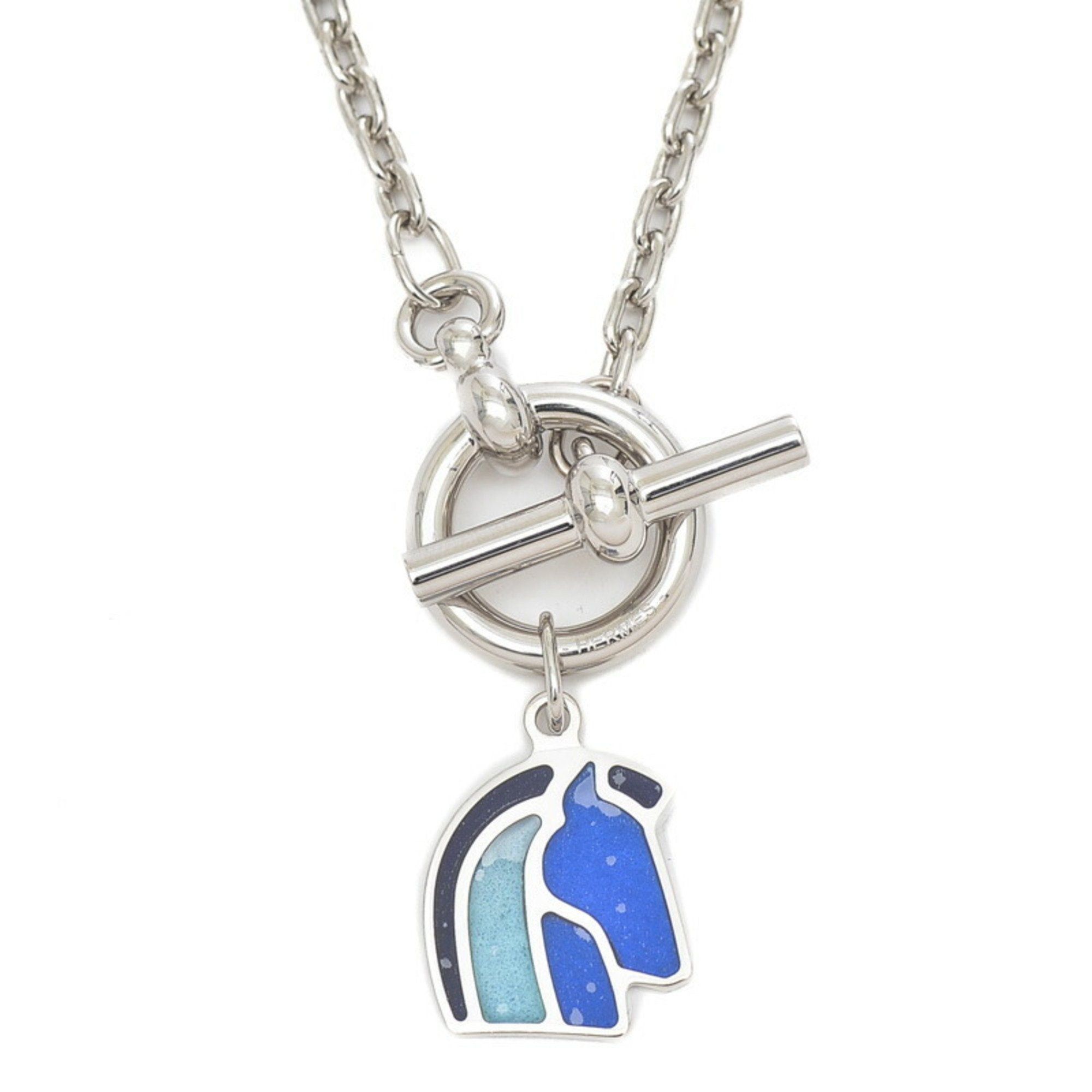 image of Hermes Helios Cheval Horse Chain Necklace Silver Camaille Blue, Women's