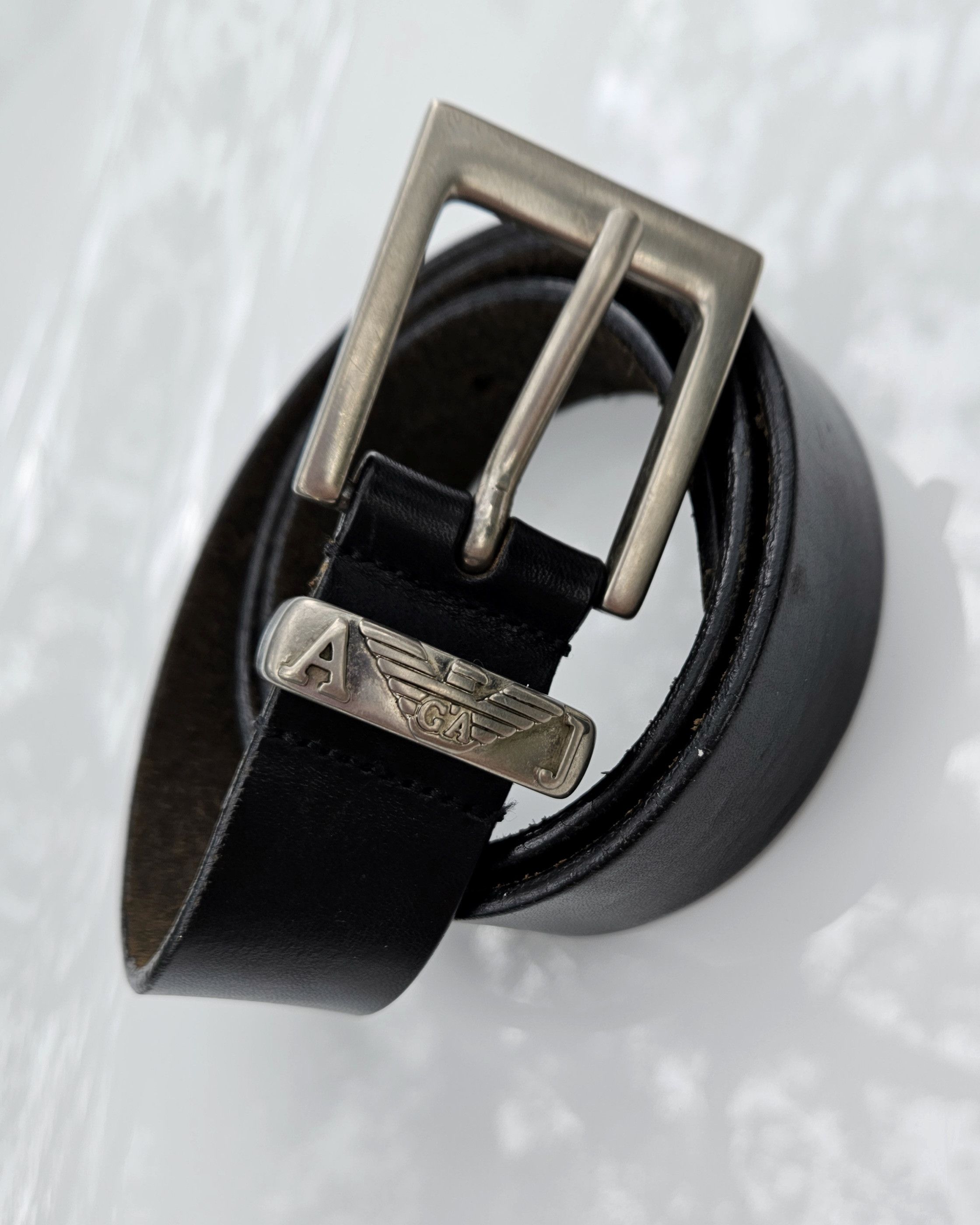 Giorgio Armani Jeans Black Leather Belt Silver Buckle