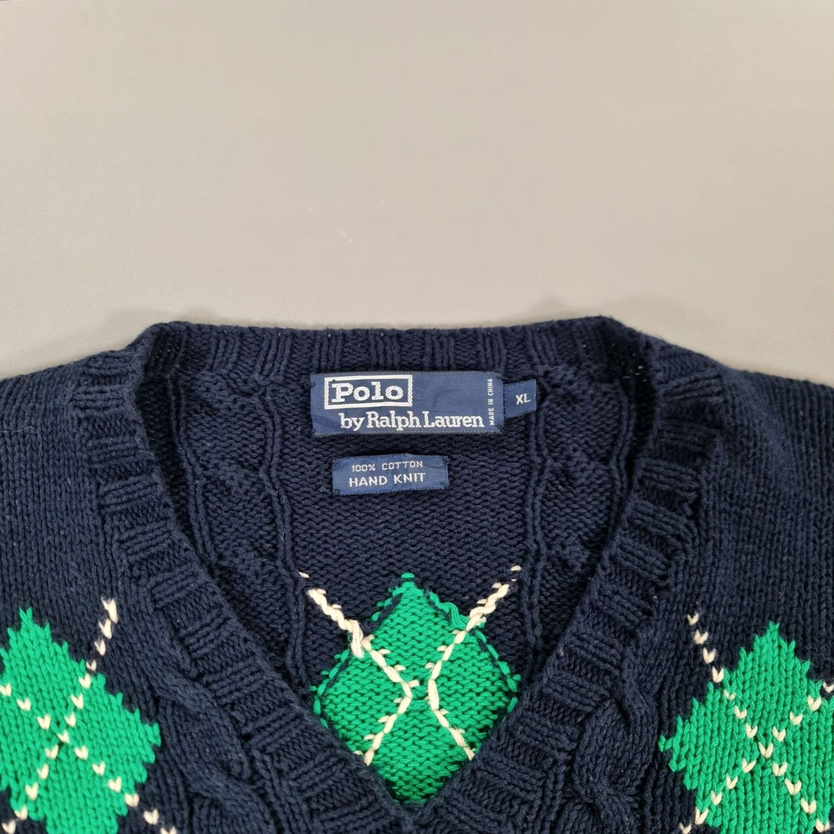 Polo Ralph Lauren VINTAGE Polo Ralph Lauren Jumper Mens XL Navy Blue Cable-Knit Argyle Diamond Hand Knit V-Neck Pullover Cotton Socks? Size US XL / EU 56 / 4 - 2 Thumbnail