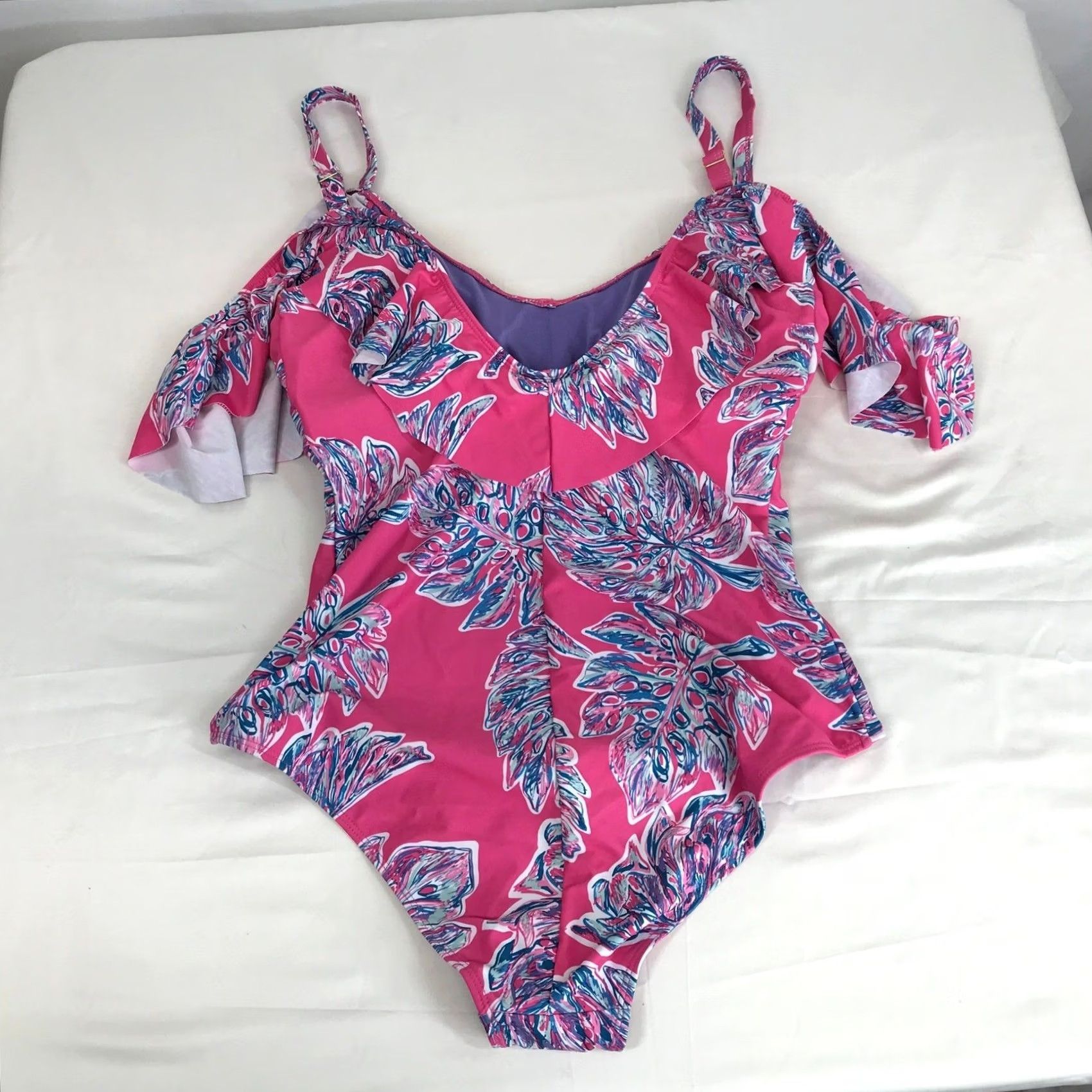 Vintage Marilyn Monroe One Piece Pink Tropical Monstera Leaf Ruffle Spaghetti Strap L Womens Sized XL Size ONE SIZE - 4 Thumbnail