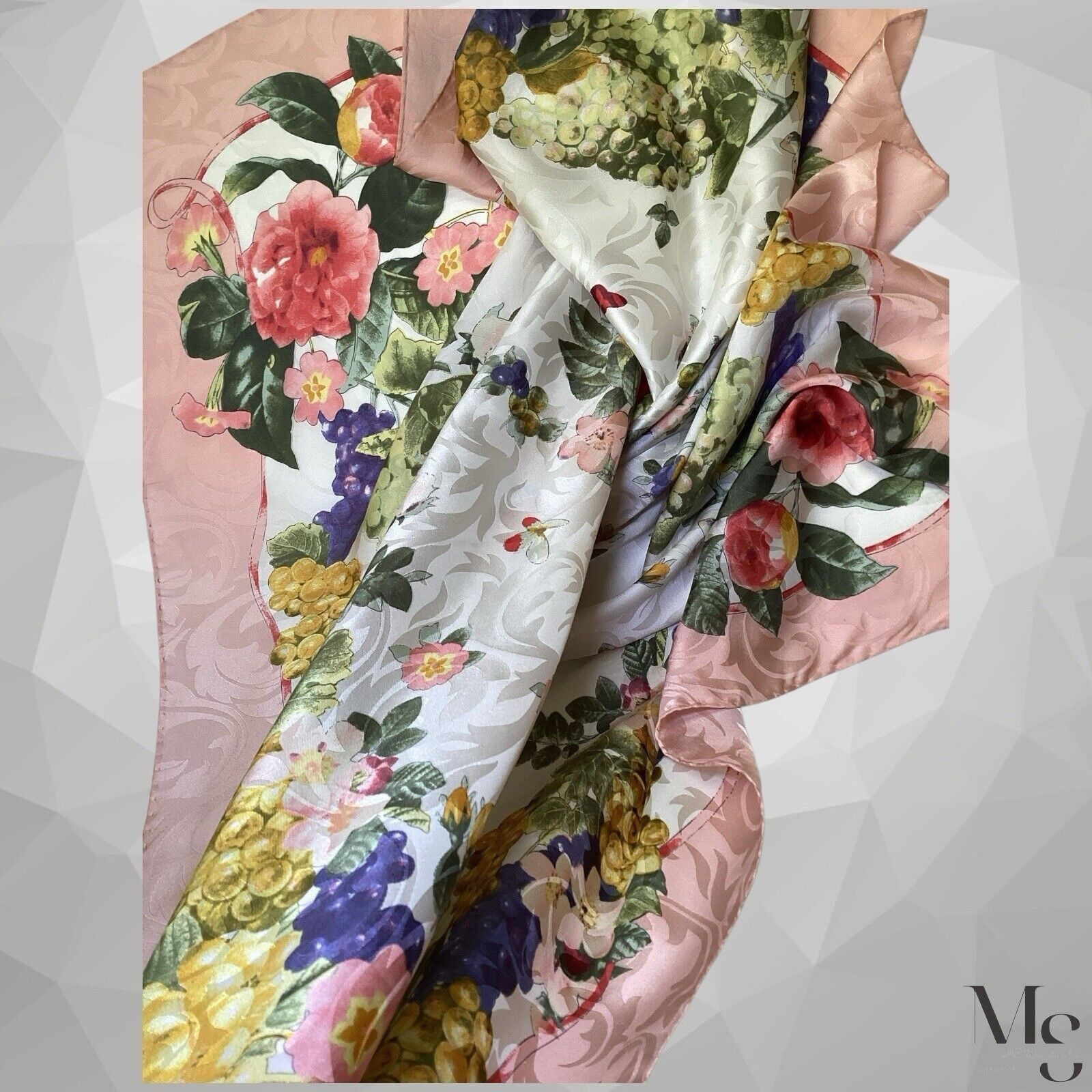 Designer FREY COMO White Pink Floral Print Scarf Silk Italy 35"-34" E Size ONE SIZE - 3 Thumbnail