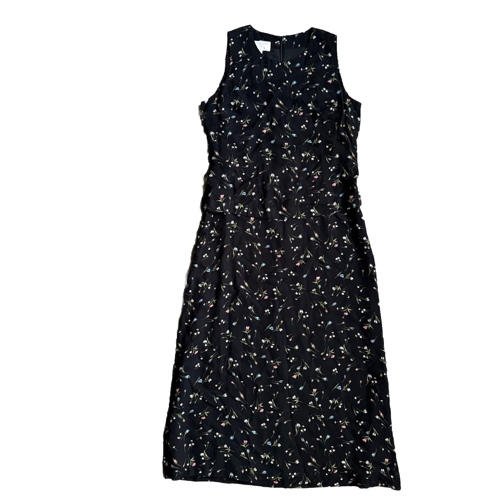 VINTAGE Jones New York Maxi Dress Floral Sleeveless Crew Zip Layered Satin  Black 6P Womens Y2K