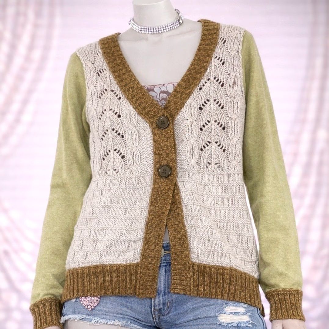 BKE BKE Cardigan Sweater Womens Medium Green Beige Pointelle Cable Knit Boho Y2K Shirt Adult M Green Womens Size M / US 6-8 / IT 42-44 - 2 Thumbnail