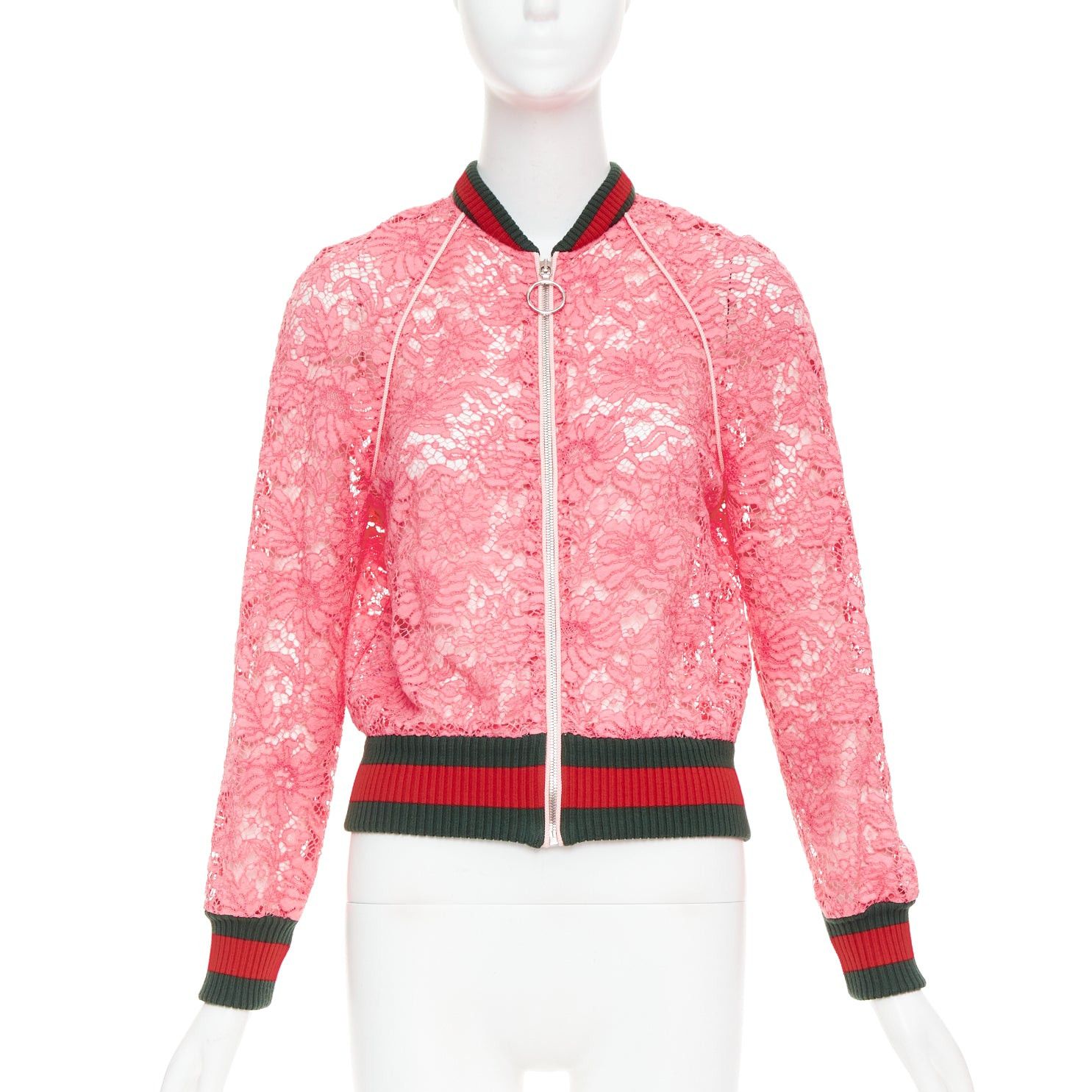 Gucci GUCCI 2015 Michele pink floral lace vintage web bomber jacket IT40 S Size S / US 4 / IT 40 - 1 Thumbnail