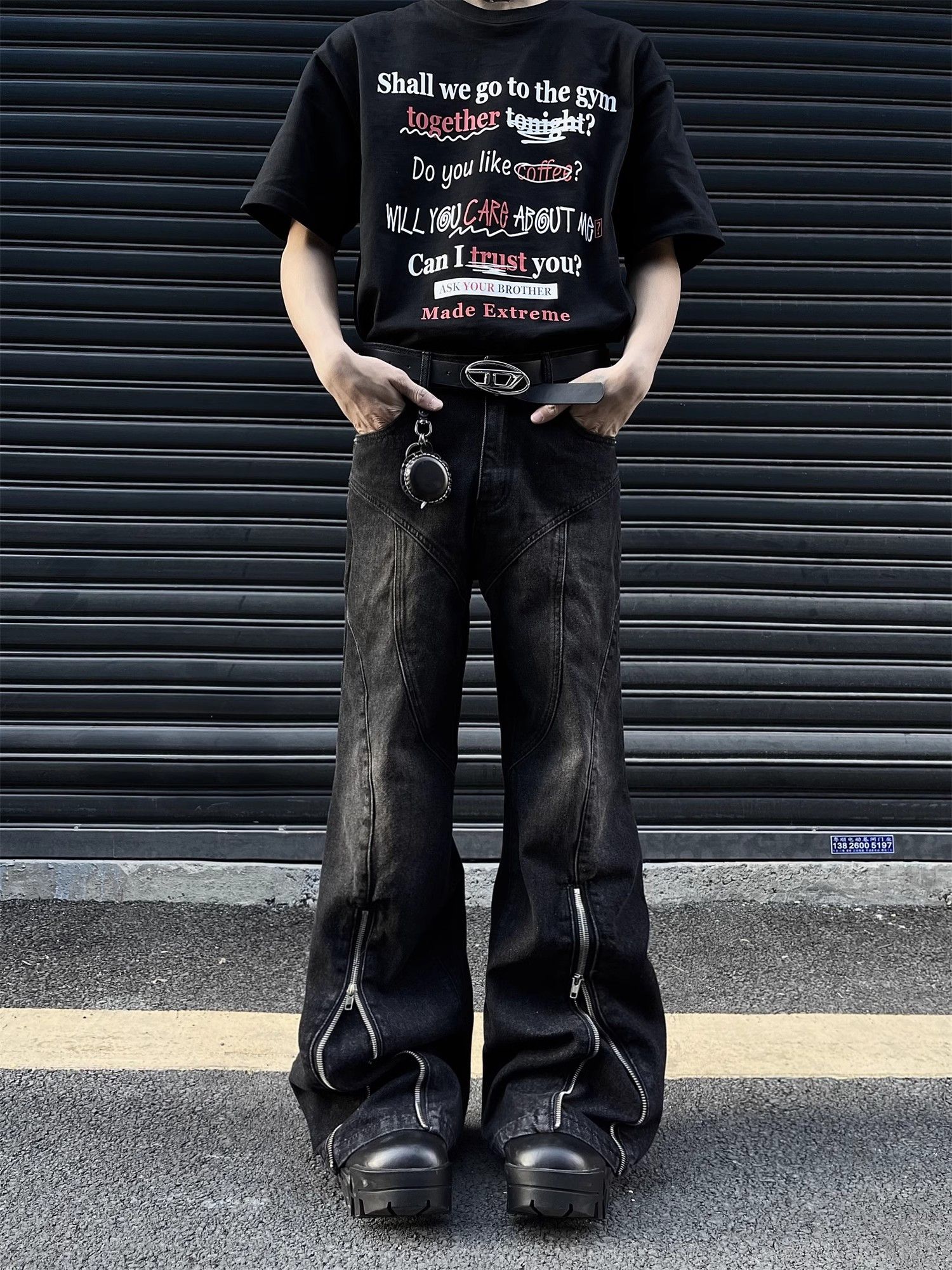 image of Double Zippered Loose Wide Leg Jeans in Black, Men's (Size 30)