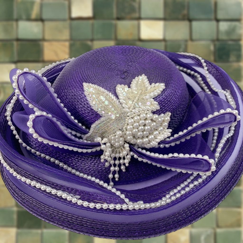 Vintage VINTAGE Taiwan Polypropylene Fancy Tea Derby Church Hat Purple Pearl Tulle Derby Purple 1980s Womens Size ONE SIZE - 1 Thumbnail