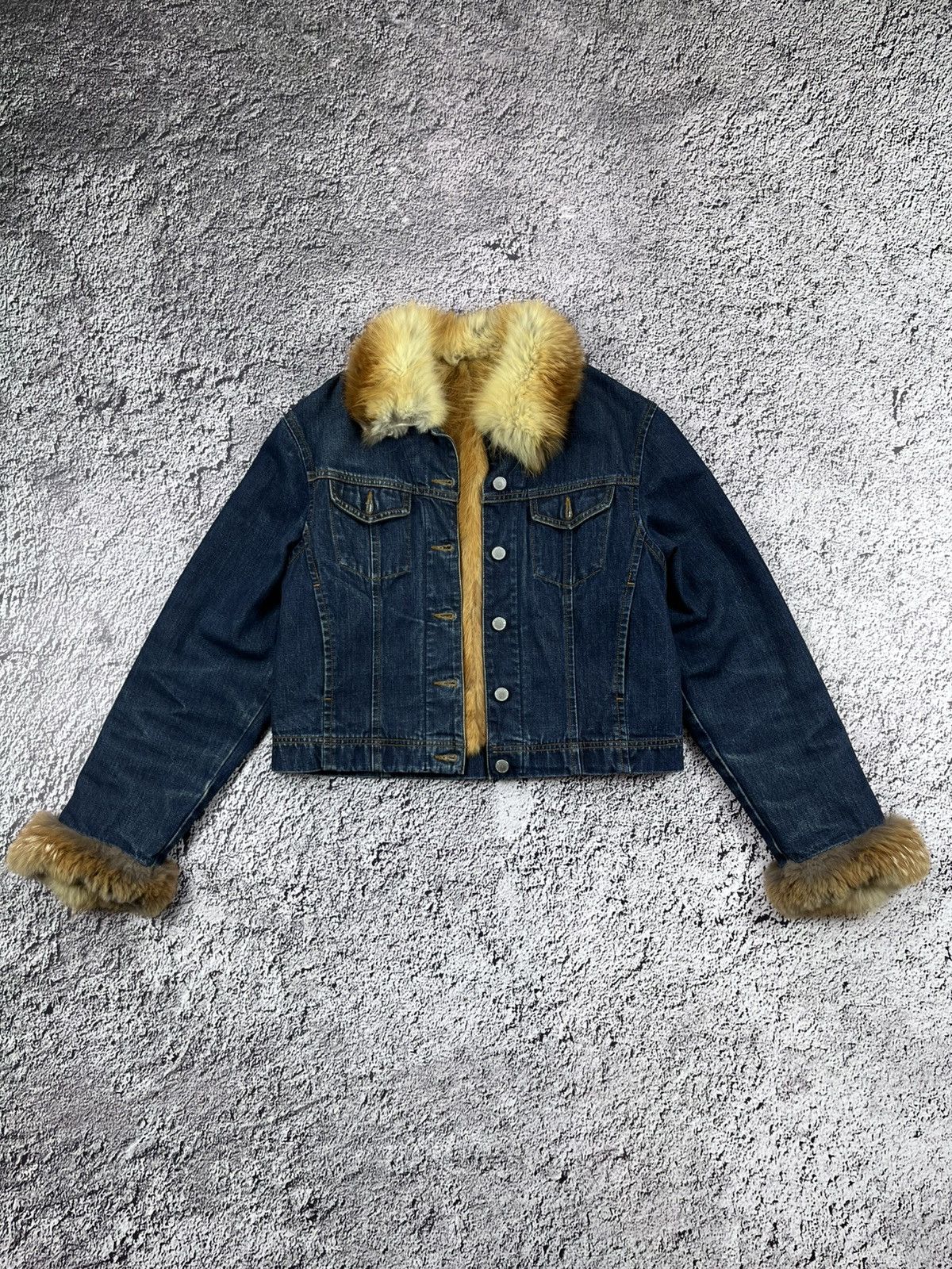 Japanese Brand Vintage Y2K Fur Trim Cropped Denim Jacket 00s