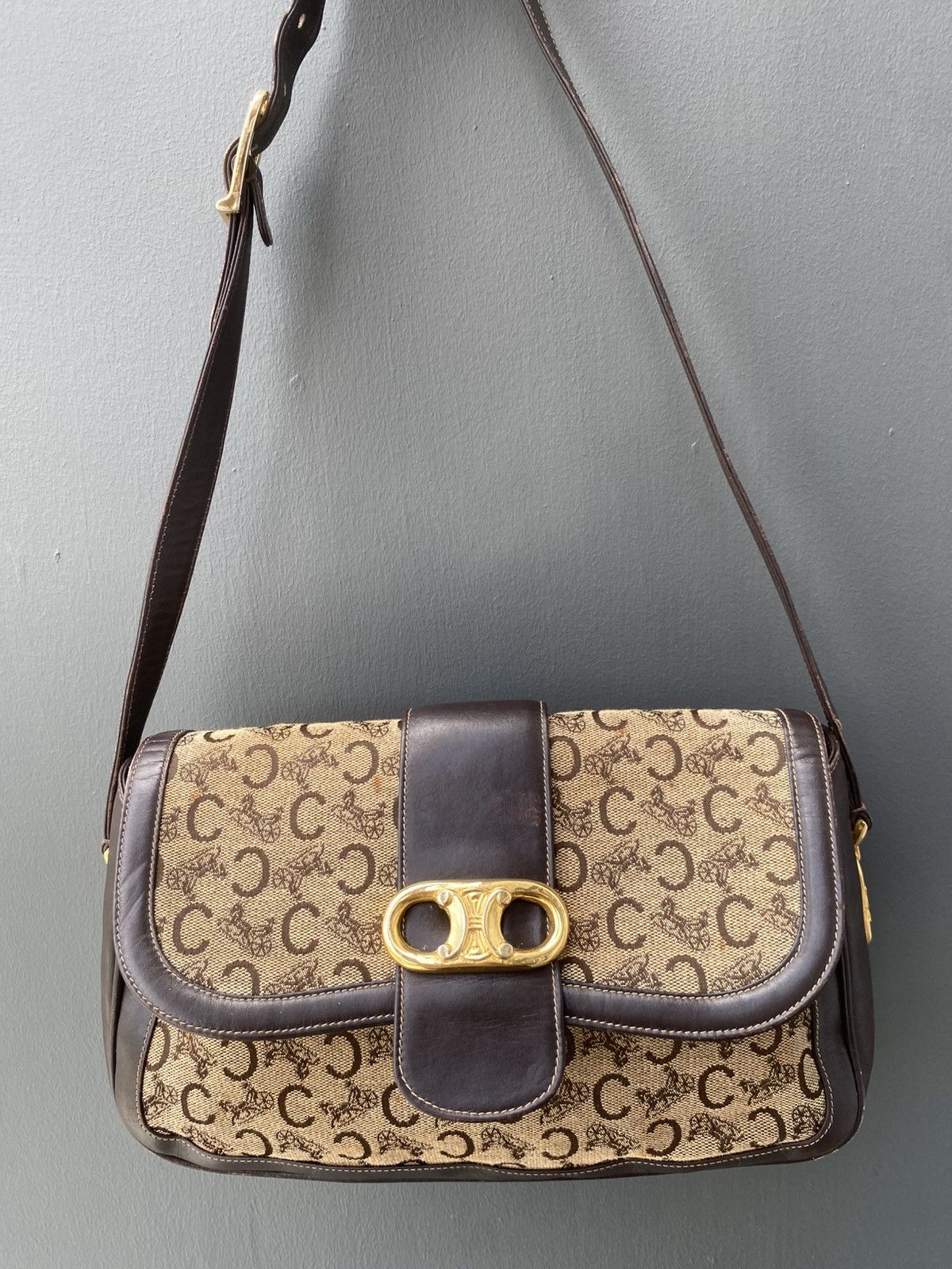 VTG CELINE C MACADAM CANVAS SHOULDER BAG