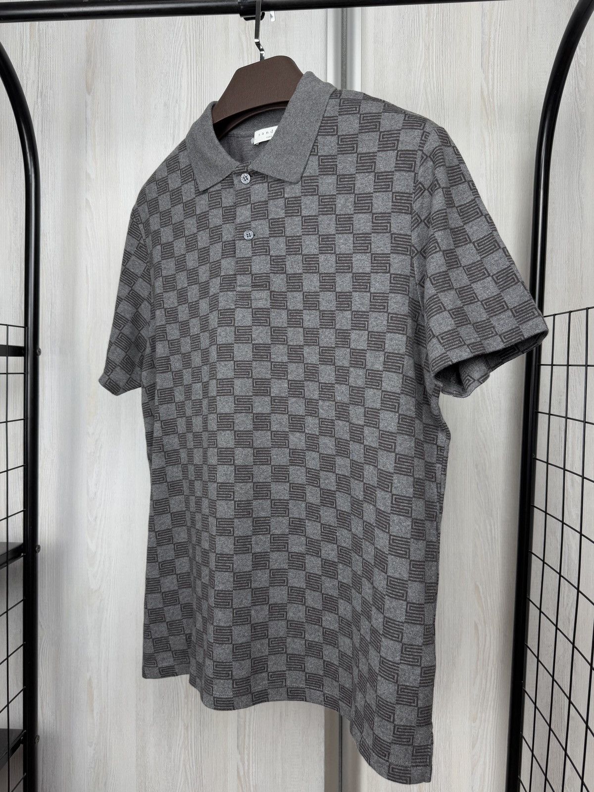 Sandro Sandro Grey Check Print Cotton Pique Polo T-Shirt L-XL Size US XL / EU 56 / 4 - 6 Thumbnail