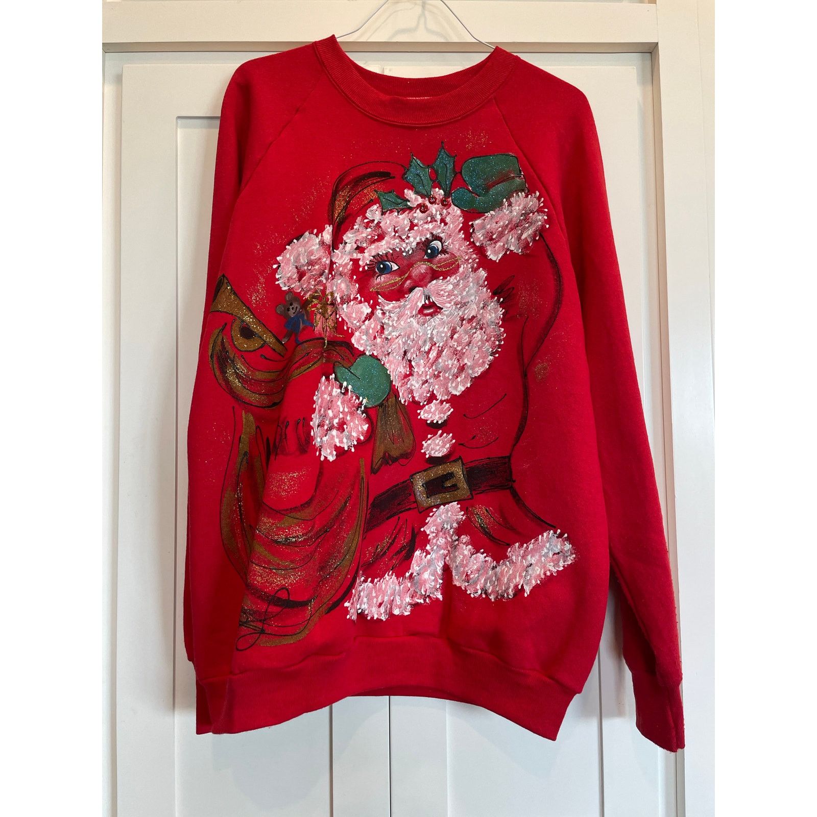 Handmade Vintage 1990's handpainted Santa Sweatshirt LG Christmas Size L / US 10 / IT 46 - 1 Thumbnail