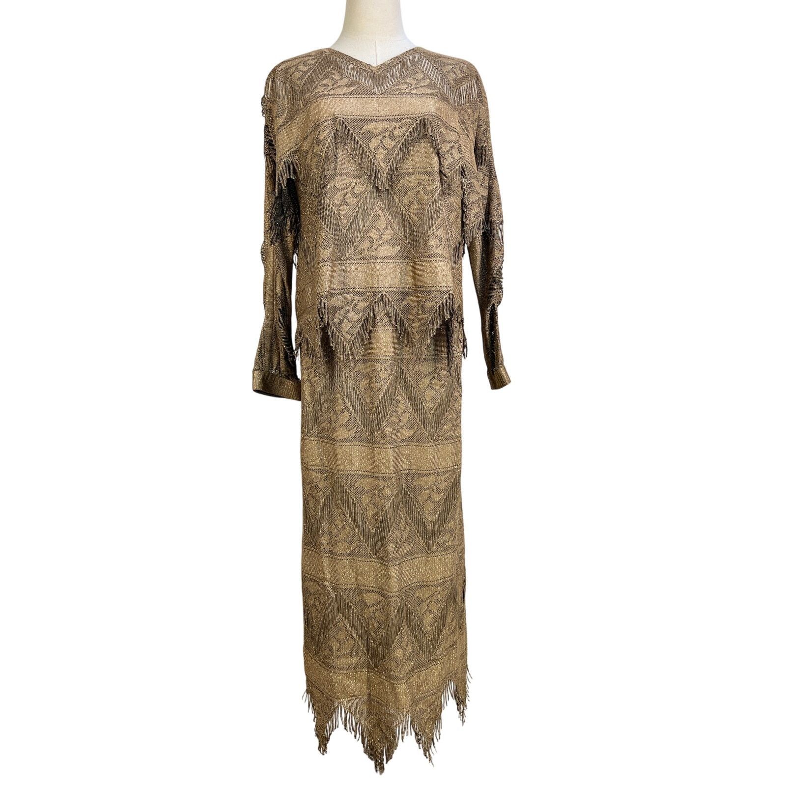 Vintage Damianou Gold Metallic Fringe Piece Skirt Set